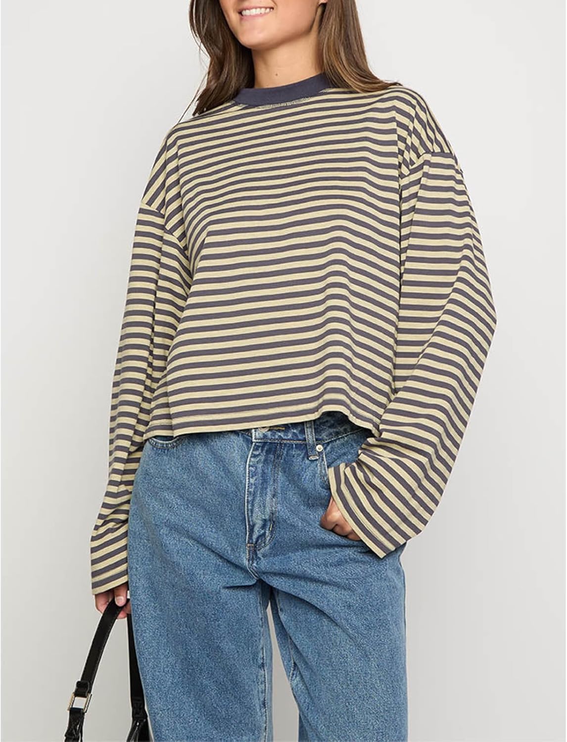 KOSUSANILL Women Oversized Striped Long Sleeve Shirt Crewneck Cropped Tops Drop Shoulder Y2K Preppy Sweatshirt Fall Clothes - Image 3