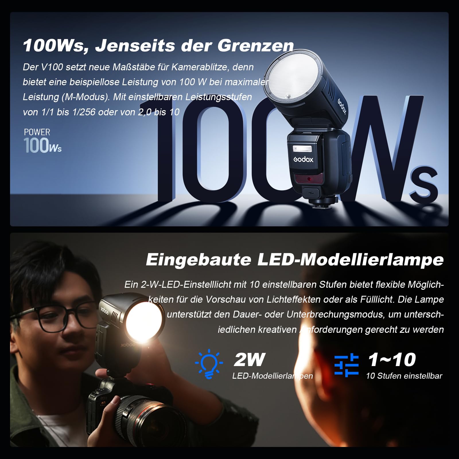 GODOX V100O lampa błyskowa V100-O 100 W okrągła głowica z ekranem dotykowym Olympus, bezprzewodowa 2,4 G z zewnętrznym Speedlite i Global Shutter z synchronizacją błyskową 1/80000s, wbudowany