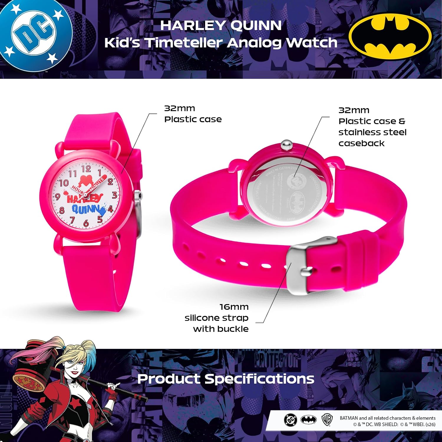Warner Brothers DC Comics Harley Quinn Watch for Kids Ages 4–7 – Featuring Character Dial with Easy-Read Hour & Minute Hands – Harley Quinn Watches for Girls, DC Comics Toys