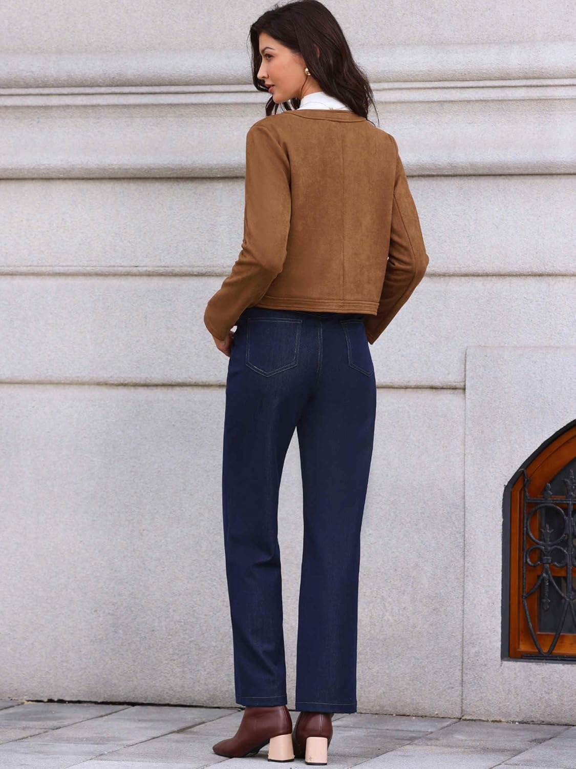 Allegra K Faux Suede Jacket for Women Collarless Long Sleeve Trendy Outerwear Button Down Vintage Casual Cropped Jackets - Image 2