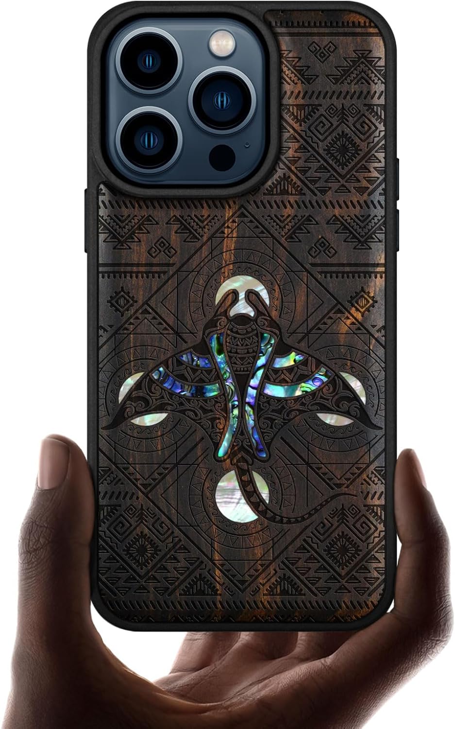 Carveit Wooden Case for iPhone 15 Pro Magnetic Case, Compatible with MagSafe Wireless Chargers, Shockproof Cover, Handmade Shell Inlaid & Wood Artisan Engraved (The Tribal Manta Rays) Blackwood