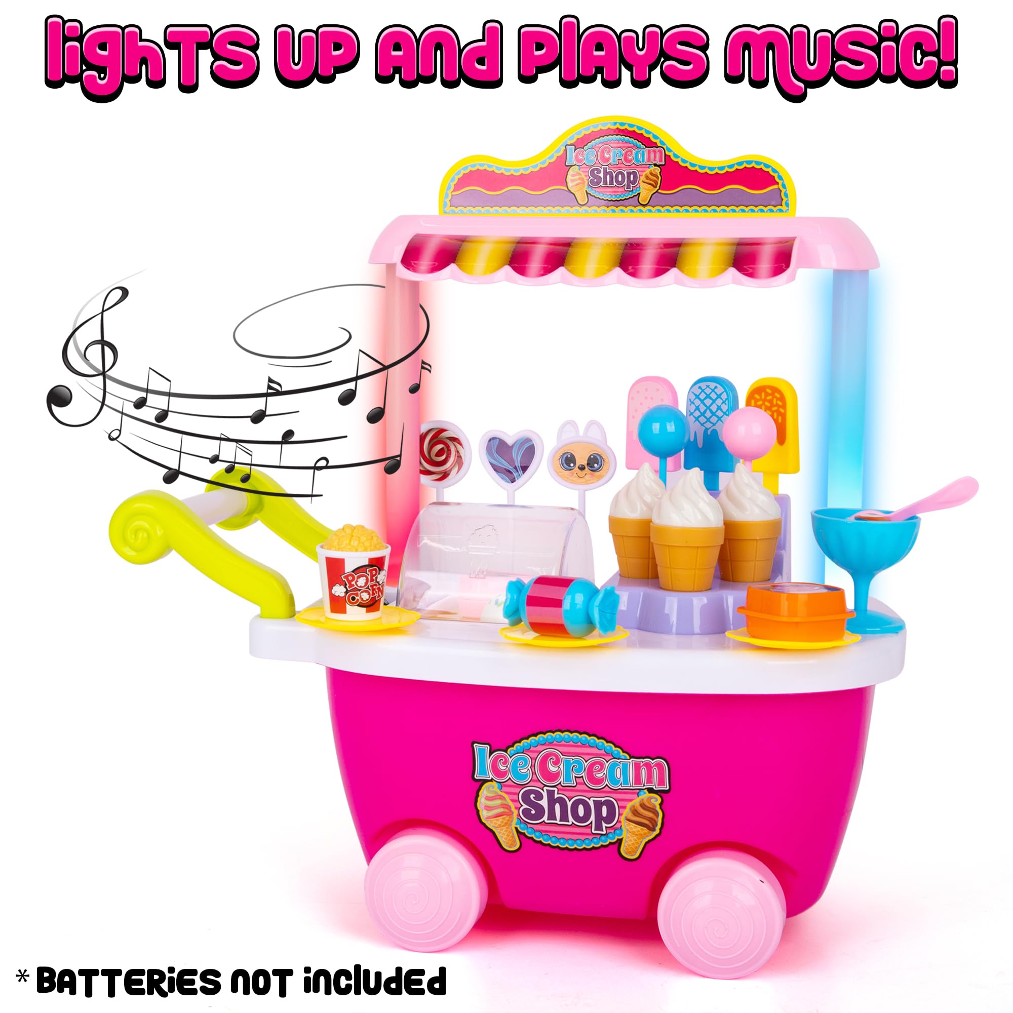 ArtCreativity Pretend Play Toy Ice Cream Cart for Kids - 28-Piece Ice Cream Play Set with Attachable Food Items, Lights, and Sounds - Play Cart Toy for Kids - Gift for Ages 3 Plus
