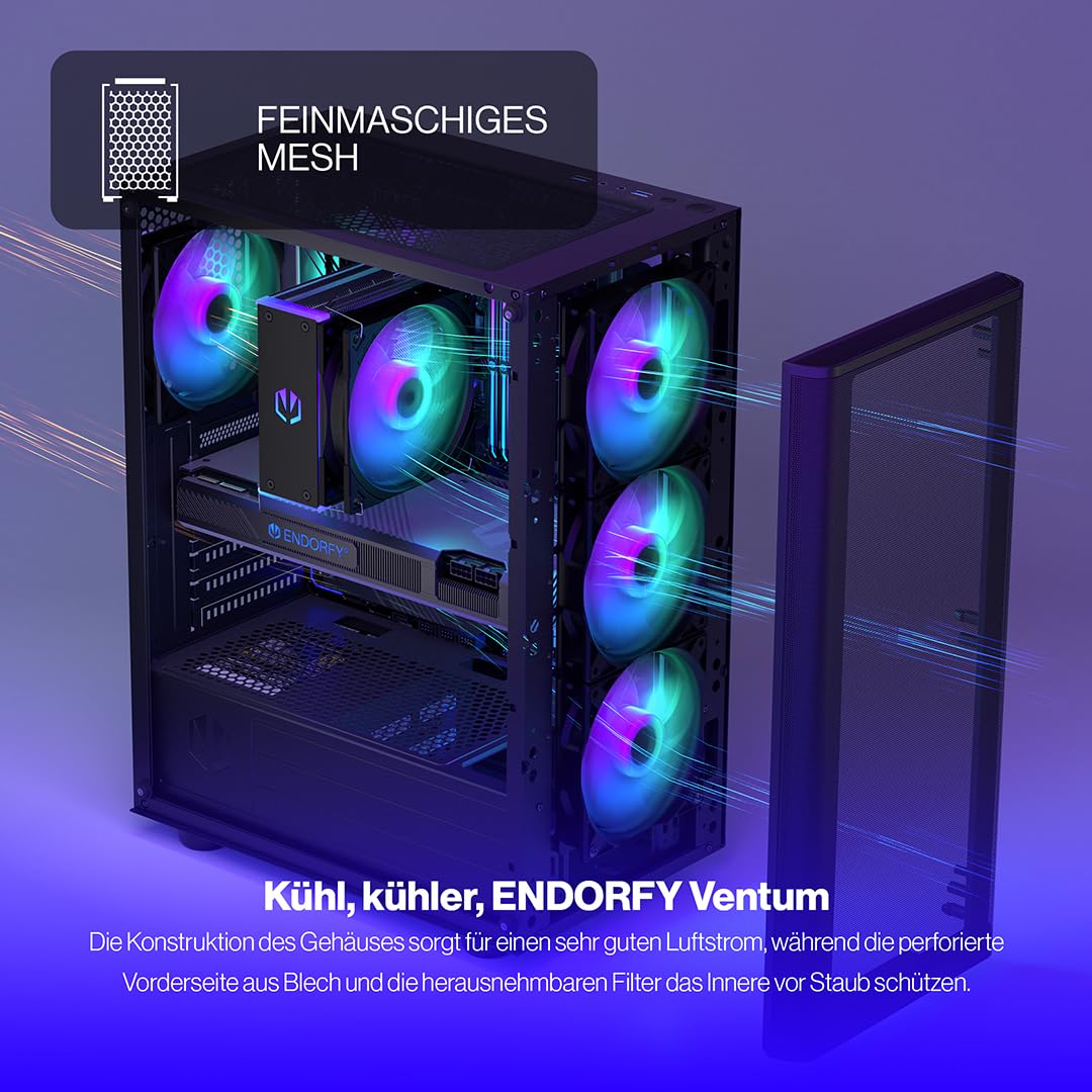ENDORFY Ventum 200 ARGB PC-Gehäuse ATX mit Hartglas Seitenfenster | 4x Stratus 120 PWM ARGB Lüfter, PWM+ARGB Controller, Mesh Front, Radiator bis 360 mm, Schwarz