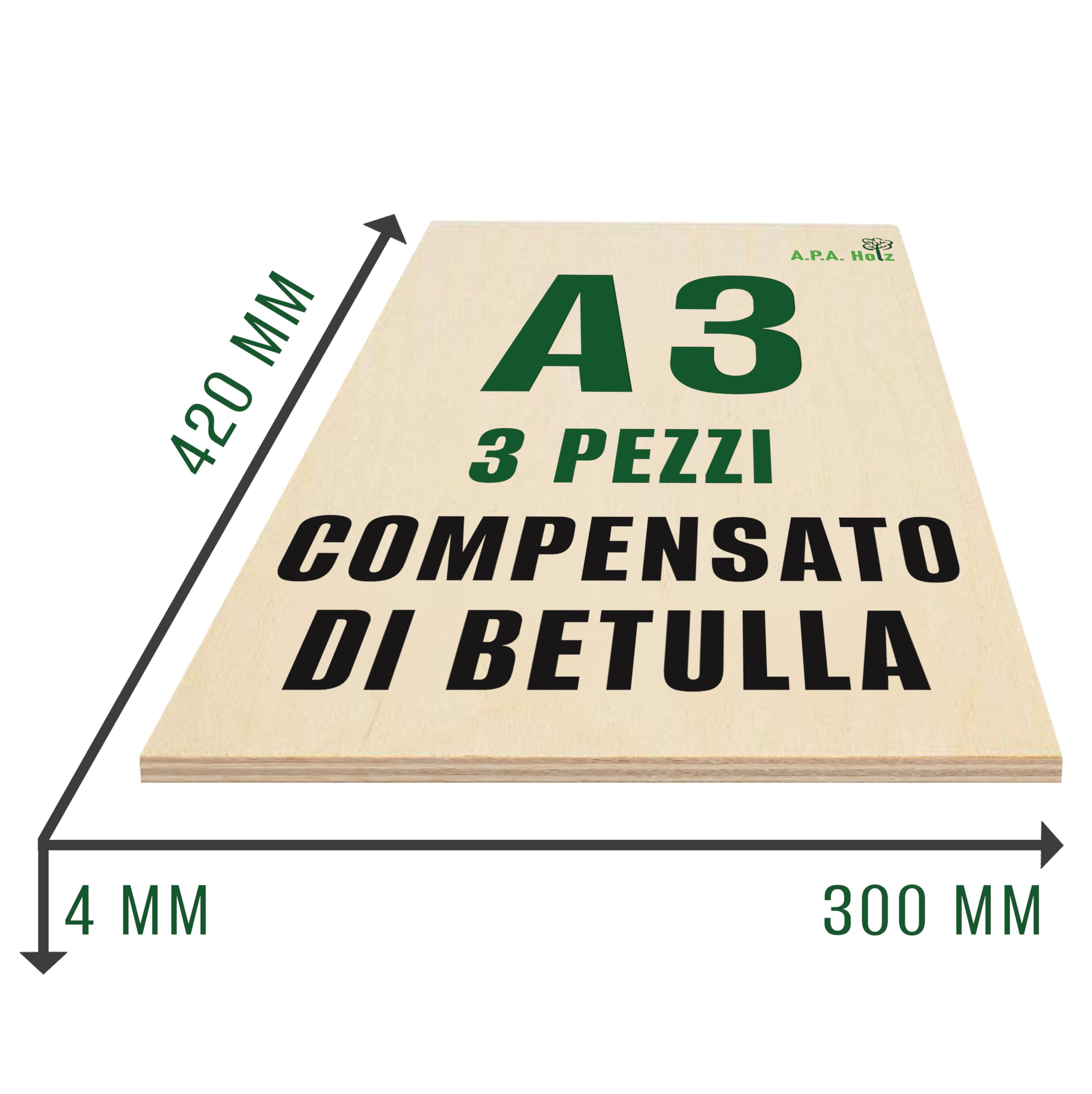 Compensato Betulla 5mm APA Holz | Fogli A3 Qualit&agrave; B/BB Per Fai-date, 3 Pezzi 420x300mm