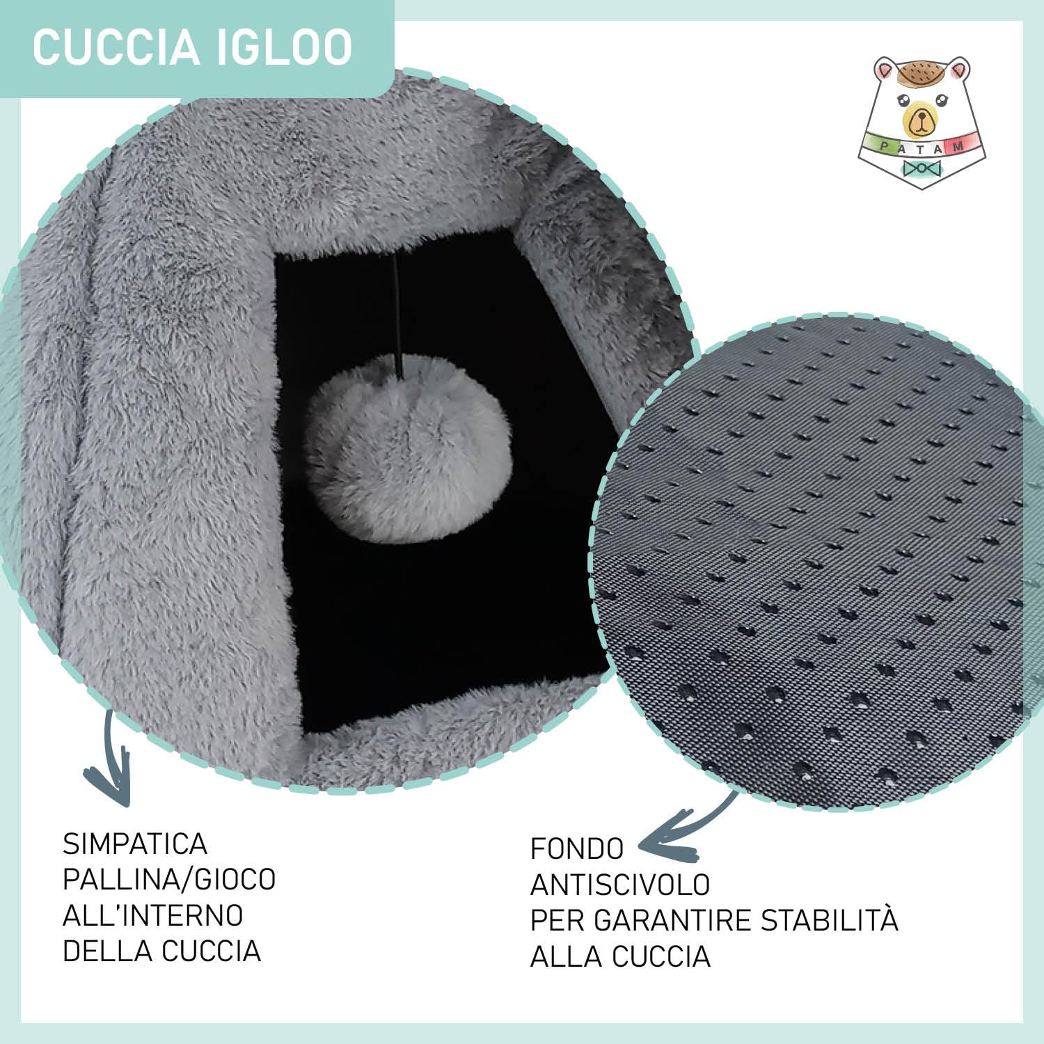 Domek dla psów i kotów, antypoślizgowy z miękkiej pluszowej tkaniny, zmywalny, namiot z zabawką w piłkę, 43 x 43 x 43 x 43 cm - Igloo Grey, 43x43x43cm