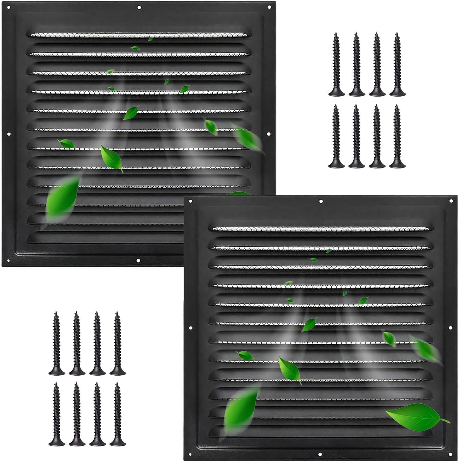 2 Pack 10"x10" Aluminum Gable Vents & Attic Vents - Louvered Wall Vent with Insect Screen, Heavy-Duty Shed Vents for Garage, House & Exterior Doors - Vent Covers with Mesh (Black)