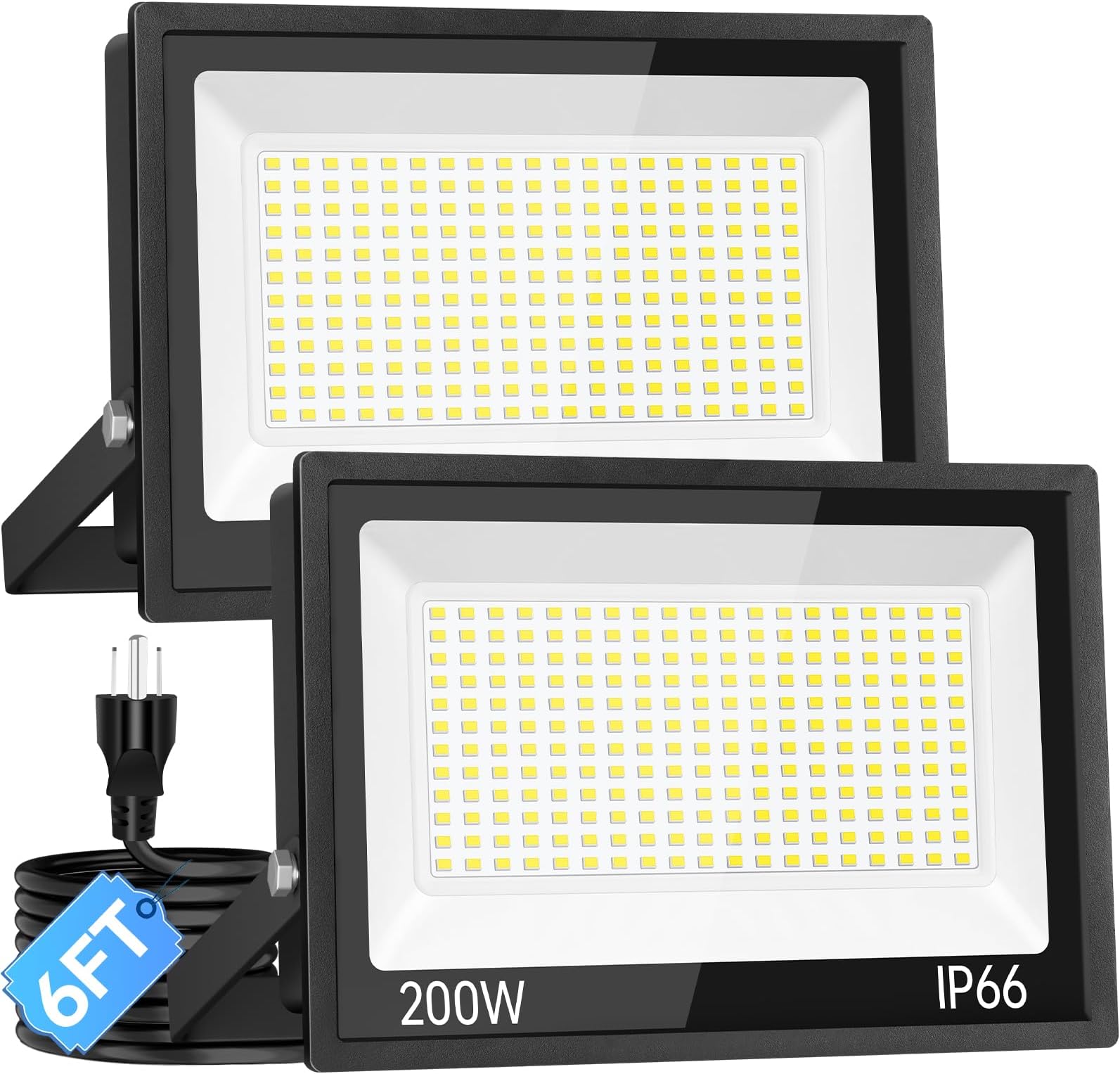 ISUERFY 200W LED Flood Light Outdoor with Plug, 24000Lm Super Brighter Security Light, IP66 Waterproof LED Worklight, 5000K Daylight White Exterior Floodlight for Yard Garden Garage Stadium(2 Pack)