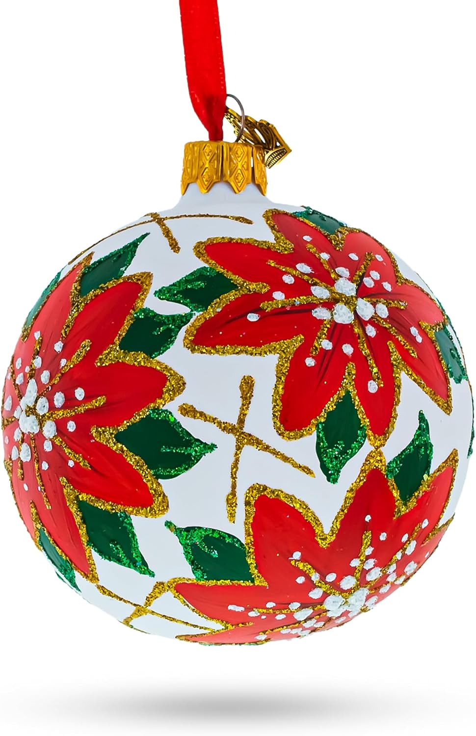 Poinsettia Flowers on White Glass Ball Christmas Ornament 3.25 Inches - Image 9