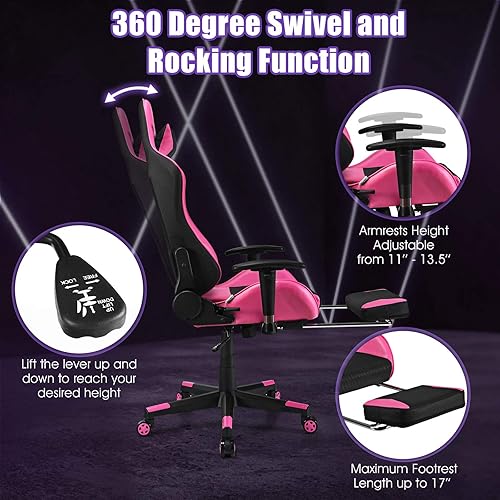 Miniatura 5 de Silla de videojuegos, silla de jugador con reposapiés, soporte lumbar de masaje de piel sintética, ergonómica, respaldo alto, silla de oficina,
