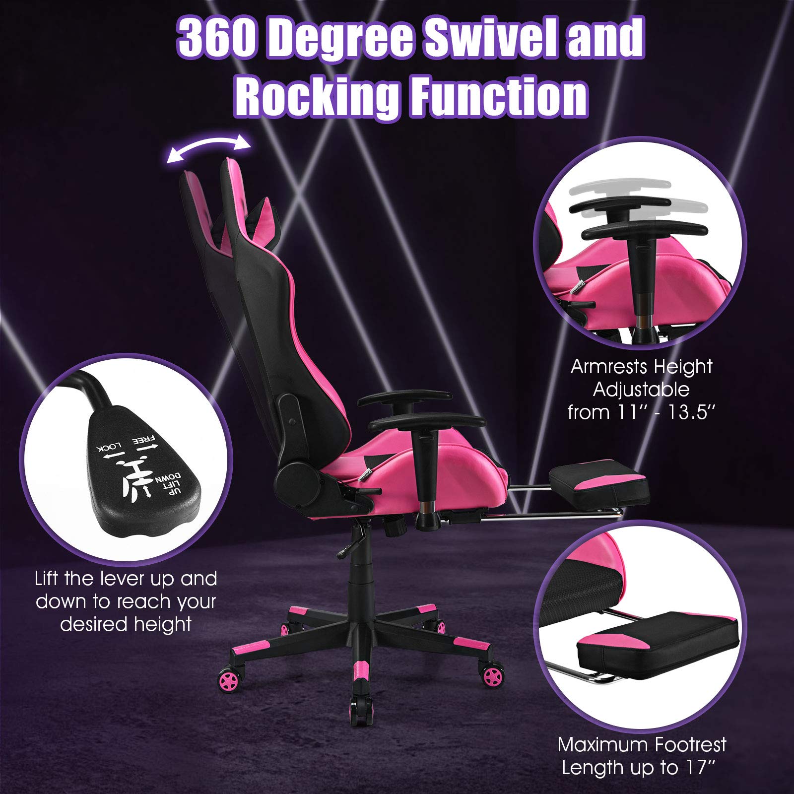 Giantex Massage Gaming Chair Pink Ergonomic Video Game Chair with Footrest High Back E-Sport Computer Chair with Headrest & Massager Lumbar Support PU Leather Gaming Seat product thumbnail 6