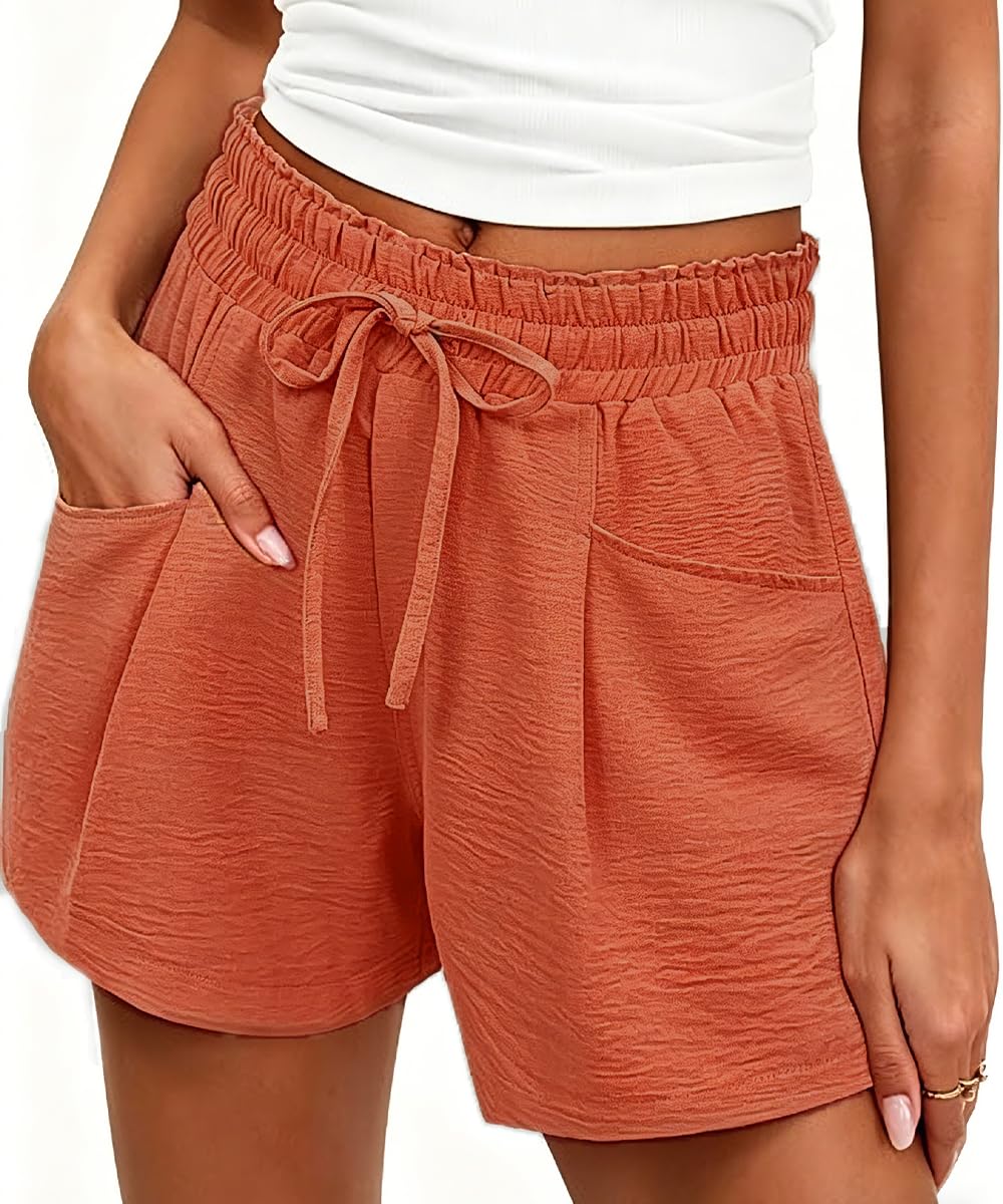 ABINGOO Shorts Damen Sommer Freizeit Musselin Hosen Leicht Und Luftig Elastische Hoher Taille Beach Kurze Hose Mit Kordelzug und Taschen