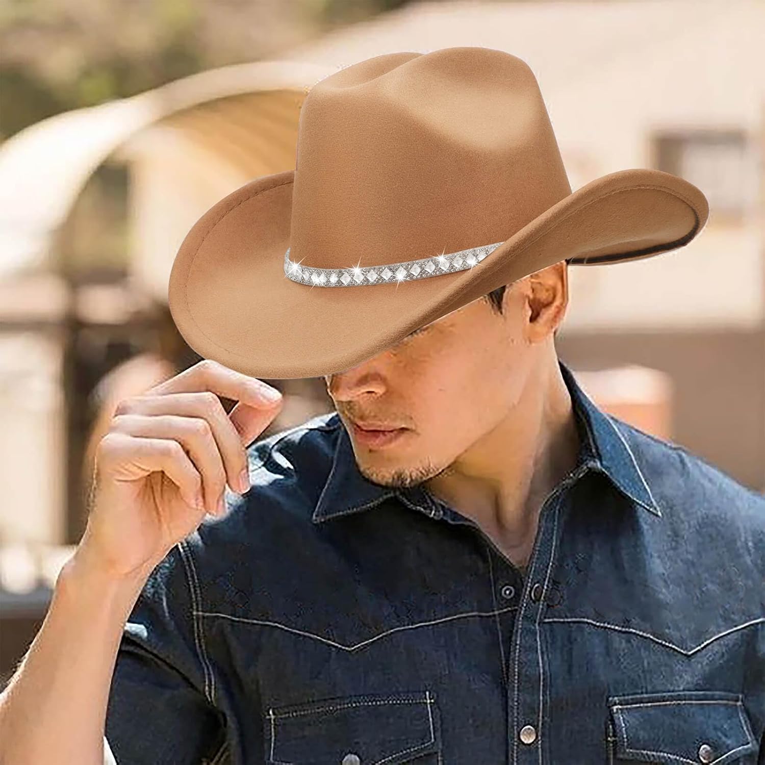 DRESHOW Western Cowboy Hat for Women and Men Wide Brim Glitter Cowboy Cowgirl Hat with Rhinestone Felt Fedora Hats - Image 3