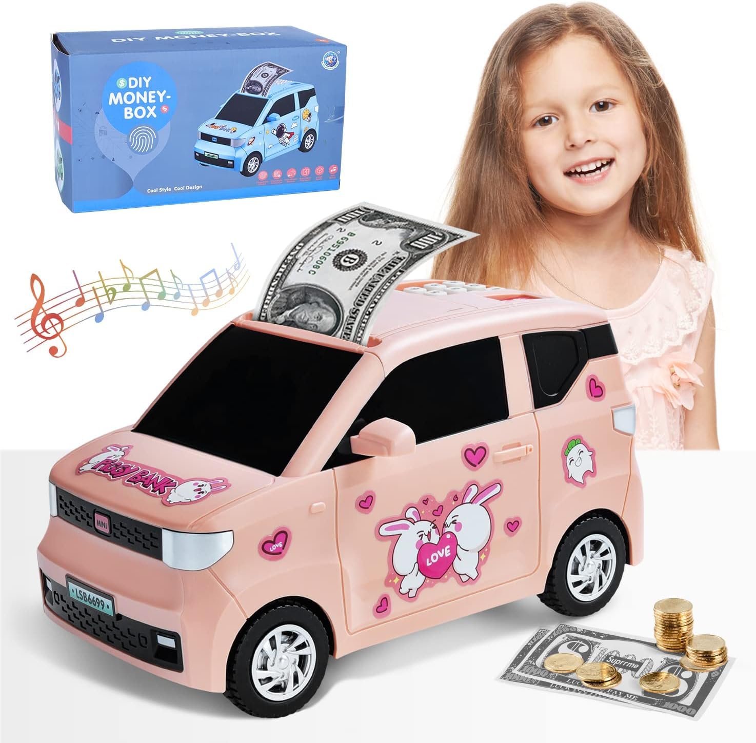 KASTWAVE Piggy Bank for Boys Girls, Mini Car ATM Bank Coin Bank Money Saving Box with Password, Electronic Money Bank Toy Car with Music, Great Birthday Gifts for Kids Pink