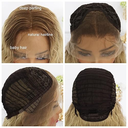 Miniatura 6 de Pelucas de encaje frontal de 13 x 4 rubio ombré con cabello de bebé, sin pegamento, peluca larga de onda de agua, rubio claro, peluca de encaje