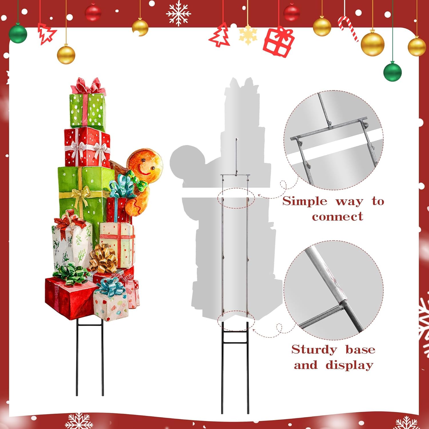 Extra Large Christmas Decorations Outdoor, 2pcs Colorful Gift Boxes Gingerbread Man Yard Metal Signs Stakes Xmas Decor for Lawn Front Door Garden Home Farmhouse Outside Party Winter