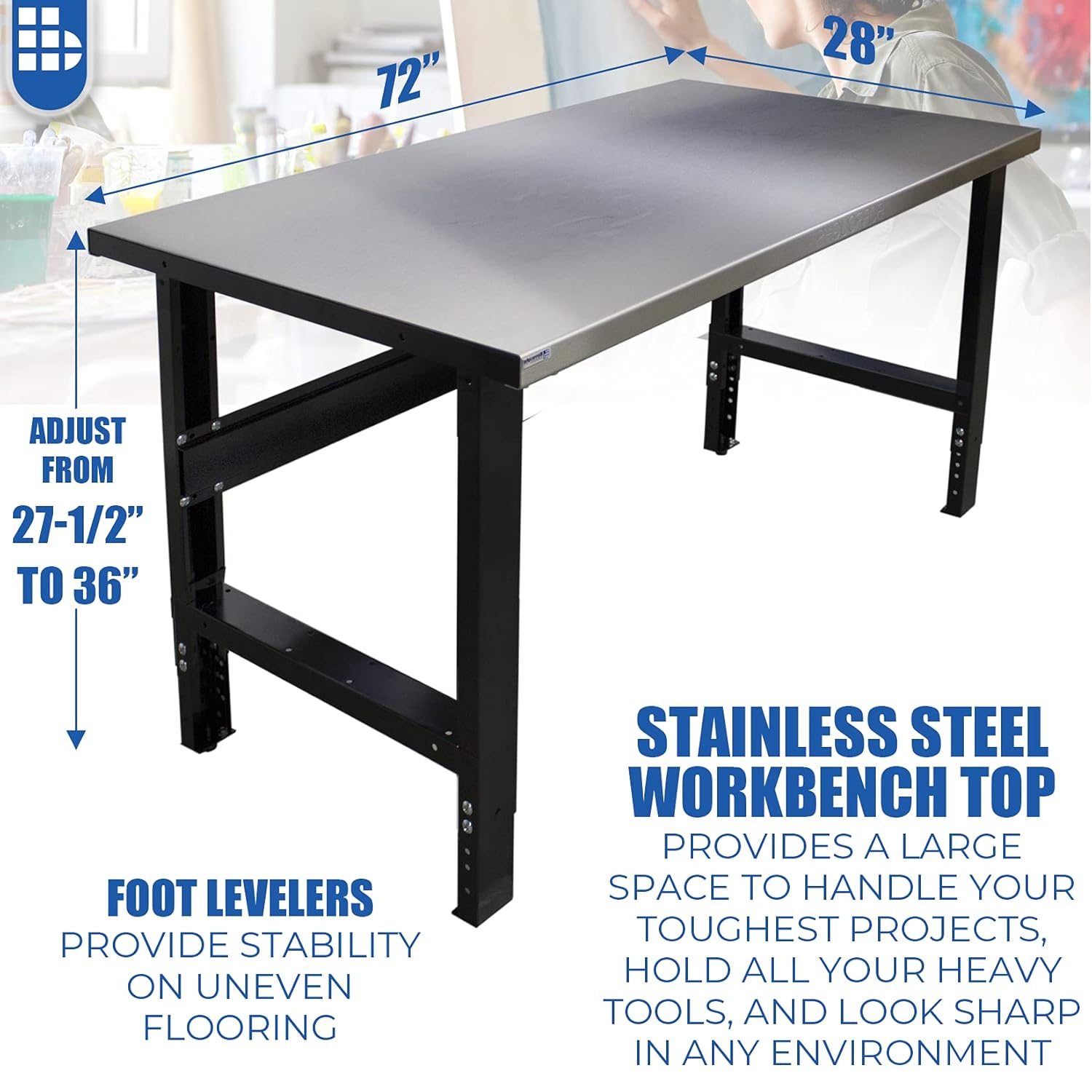Review Product Borroughs Adjustable Height Workbench with Stainless Steel Top, 28 x 72 in, Commercial Grade, 16 Gauge Steel 70% Off Everything Borroughs Adjustable Height Workbench with Stainless Steel Top, 28 x 72 in, Commercial Grade, 16 Gauge Steel