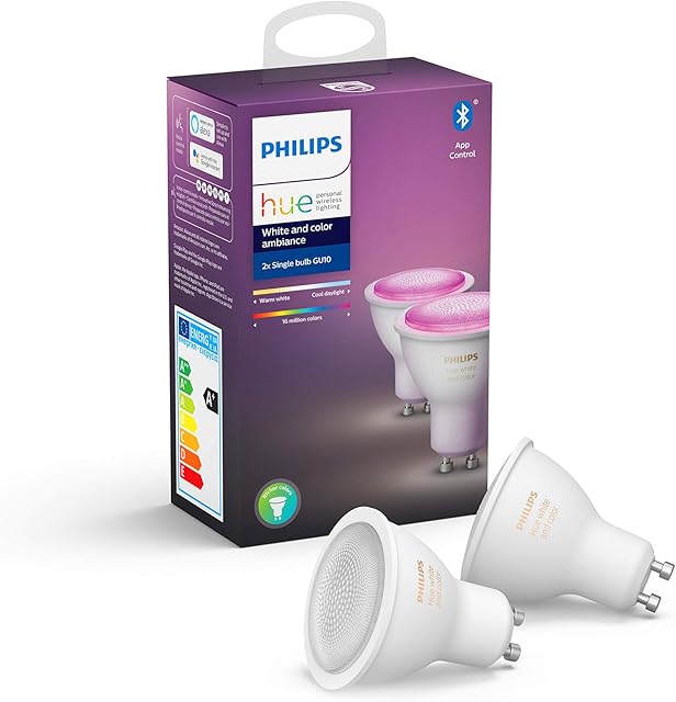 Philips Hue White and Colour Ambiance LED Smart Light Bulb 2 Pack [GU10 Spot] , with Bluetooth, Works with Alexa, Google Assistant and Apple Homekit.