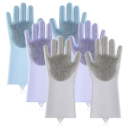 CELLPHONEZ Dish Washing Silicon Hand Gloves with Scrubber for Kitchen Cleaning, Utensils, Bath and pet Hair Care - Reusable Heat Resistance and Water Proof Gloves - (Multicolor) (3 Pair)