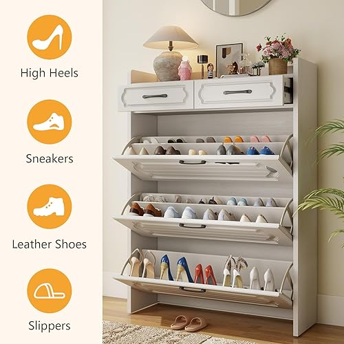Vista 28 de Armario de zapatos para entrada, armario estrecho de almacenamiento de zapatos con 3 cajones abatibles y 2 cajones superiores, armario organizador