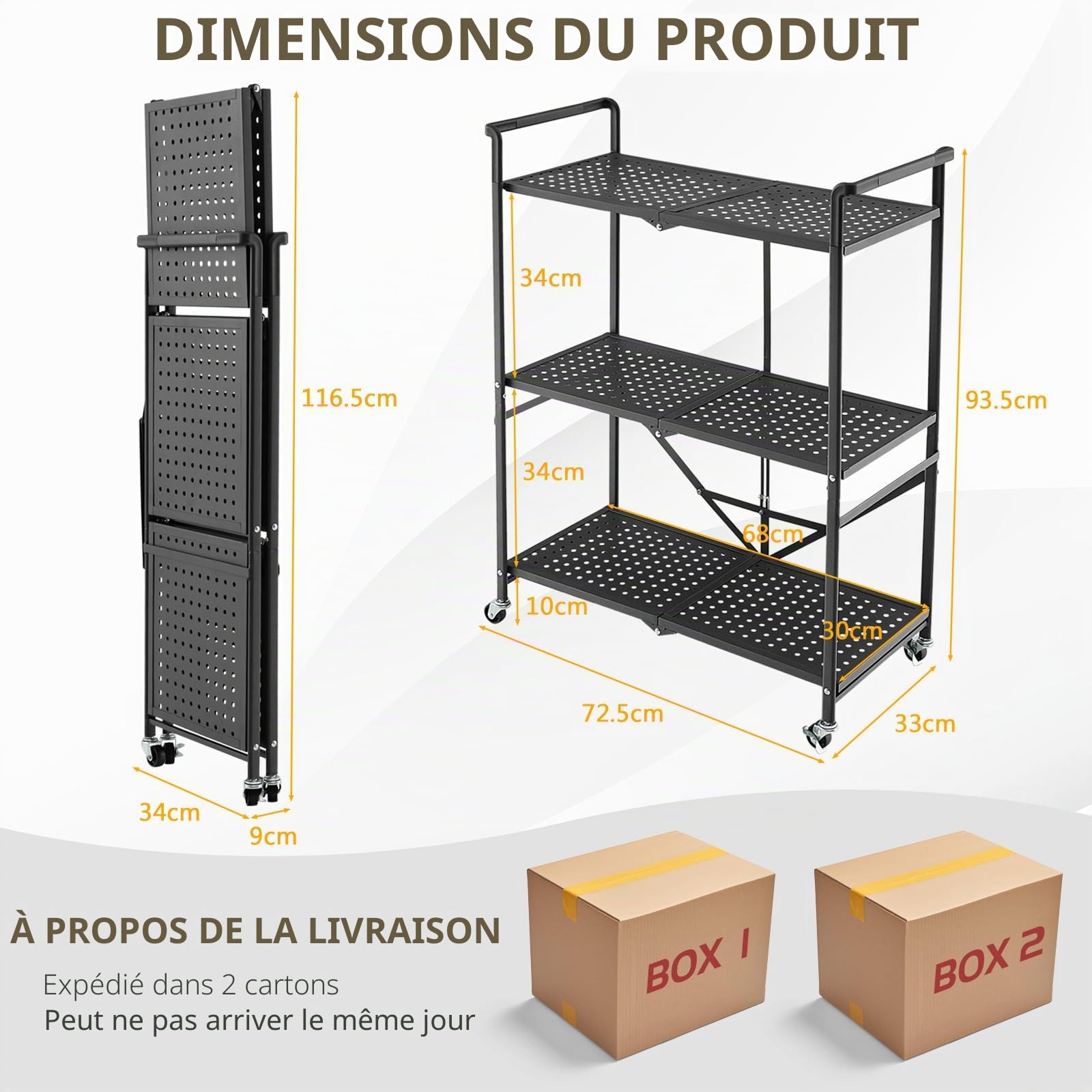 HOMASIS Chariot de service pliable à 3 niveaux, avec 4 roulettes avec 2 freins, chariot de rangement peu encombrant, étagère en métal, étagère de cuisine, chariot d'appoint pour cuisine, bureau, noir