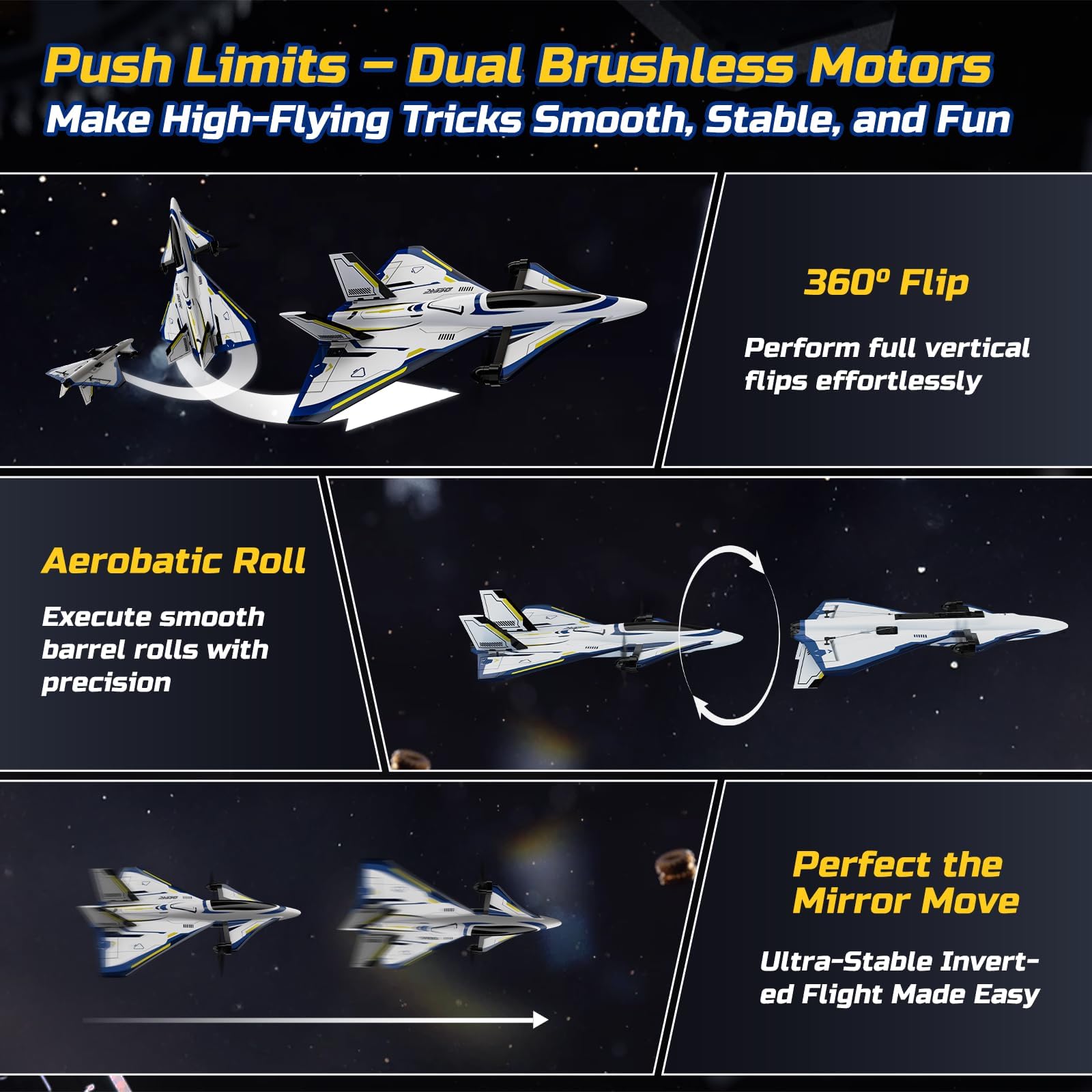 DEERC 4CH bürstenloses RC-Flugzeug, Sci-Fi ferngesteuertes Jet-Flugzeug mit LED-Lichtern, RTF Kunstflugzeug, 2,4 GHz 6-Achsen-Gyro-Stabilisator, EPP Segelflugzeug für Erwachsene und Fortgeschrittene
