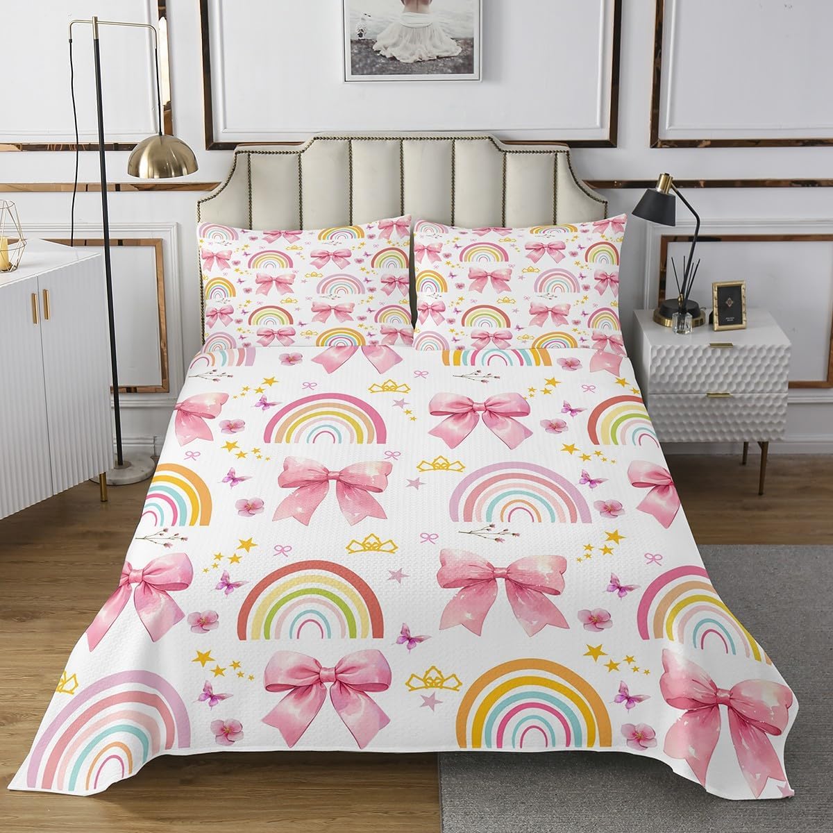 Erosebridal Yellow Cartoon Rainbow Coverlet Sets Queen Pink Kawaii Bowknot Bedspread Set for Kids Girls Teen Women,Dreamy Princess Style Quilt Sets Star Rainbow Bed Set