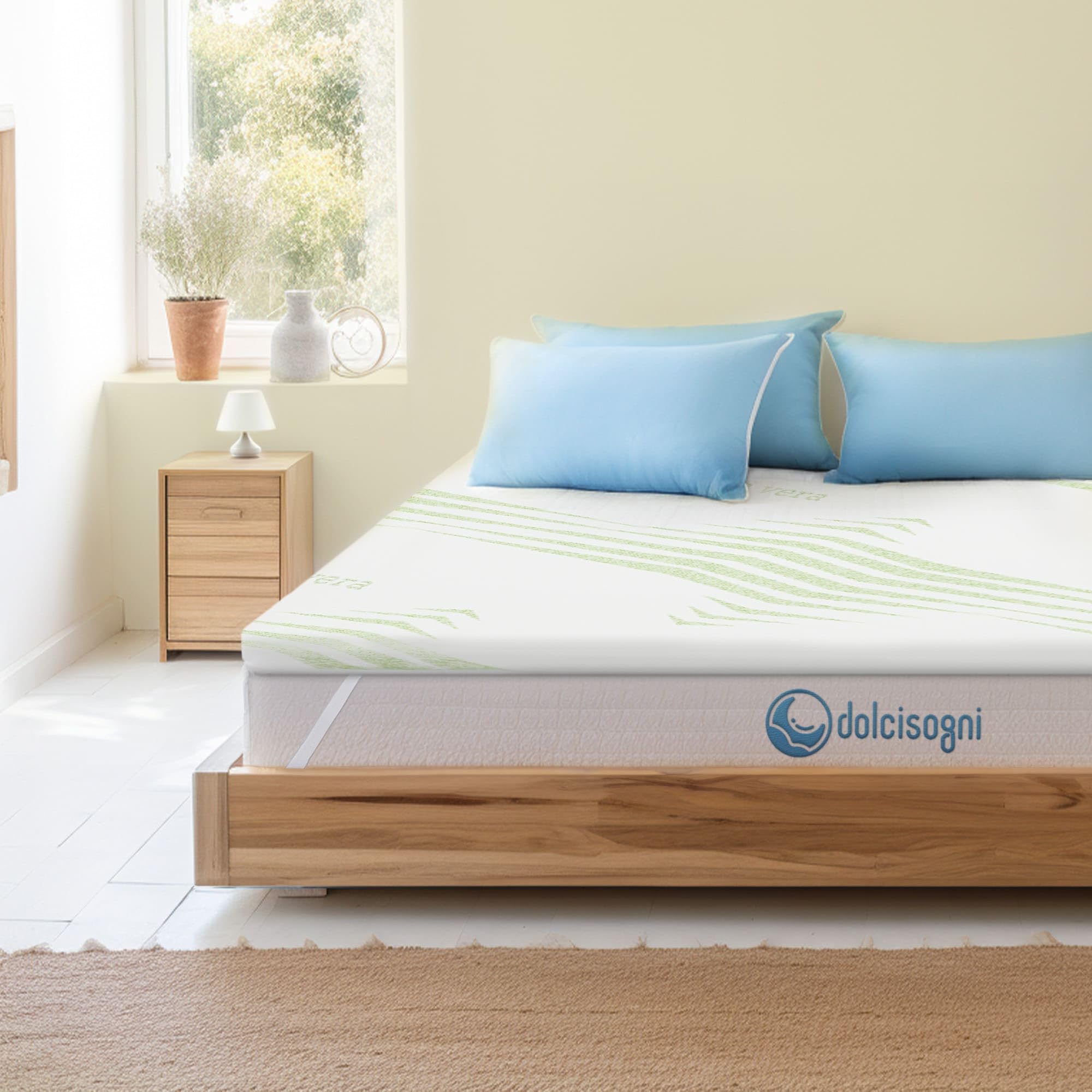 DOLCI SOGNI Topper Viscoelastico 140x200 cm, Espesor 5 cm, Topper 140x200 Espuma Viscoelástica con Funda de Aloe Vera y Elásticos de Sujeción, Sobrecolchon 140x200