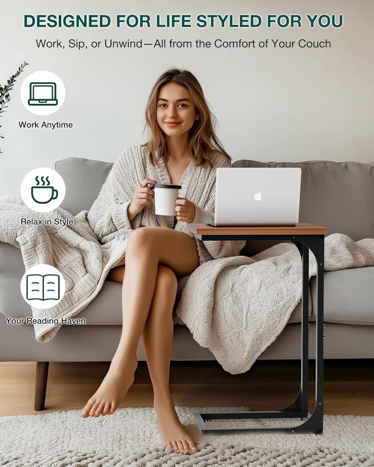 c-shaped side table for couch - small coffee stand sofa tray desk with metal frame and waterproof scratch resistant, modern end accent for living room, bedroom, small spaces, rustic walnut 1-pack without power outlets rustic walnut