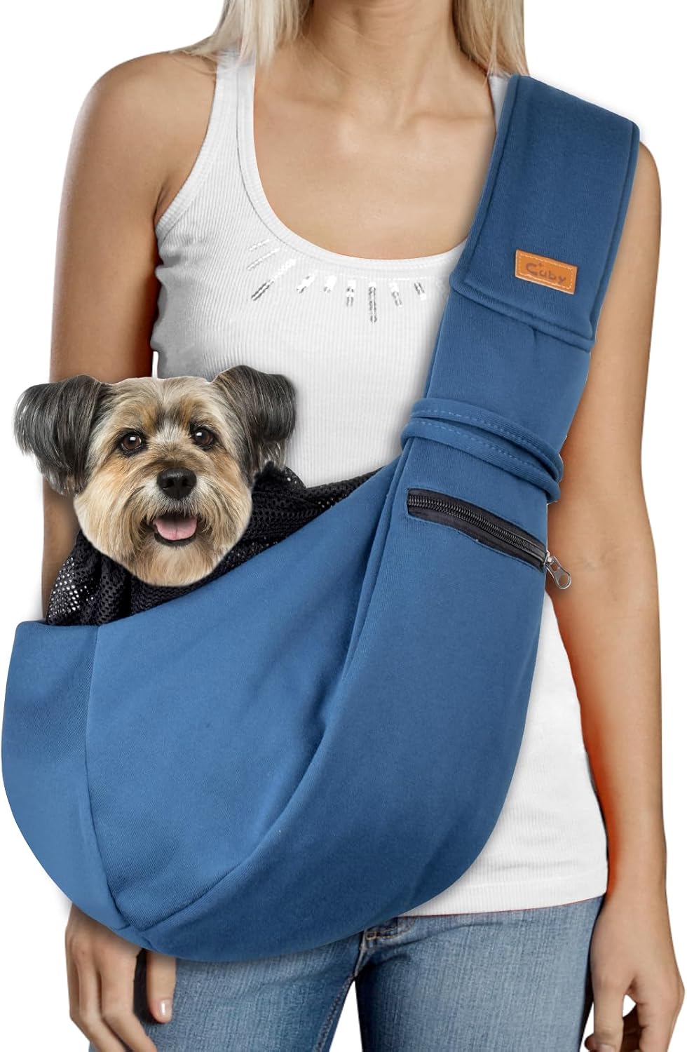 CUBY Dog and Cat Sling Carrier - Small Dog Carrier Sling with Adjust Strap & Zip Pocket, Hands Free Soft Dog Slings for Small Dogs Cats Puppy Pets Outdoor Travel Safety Purse Bag (Navy Blue)
