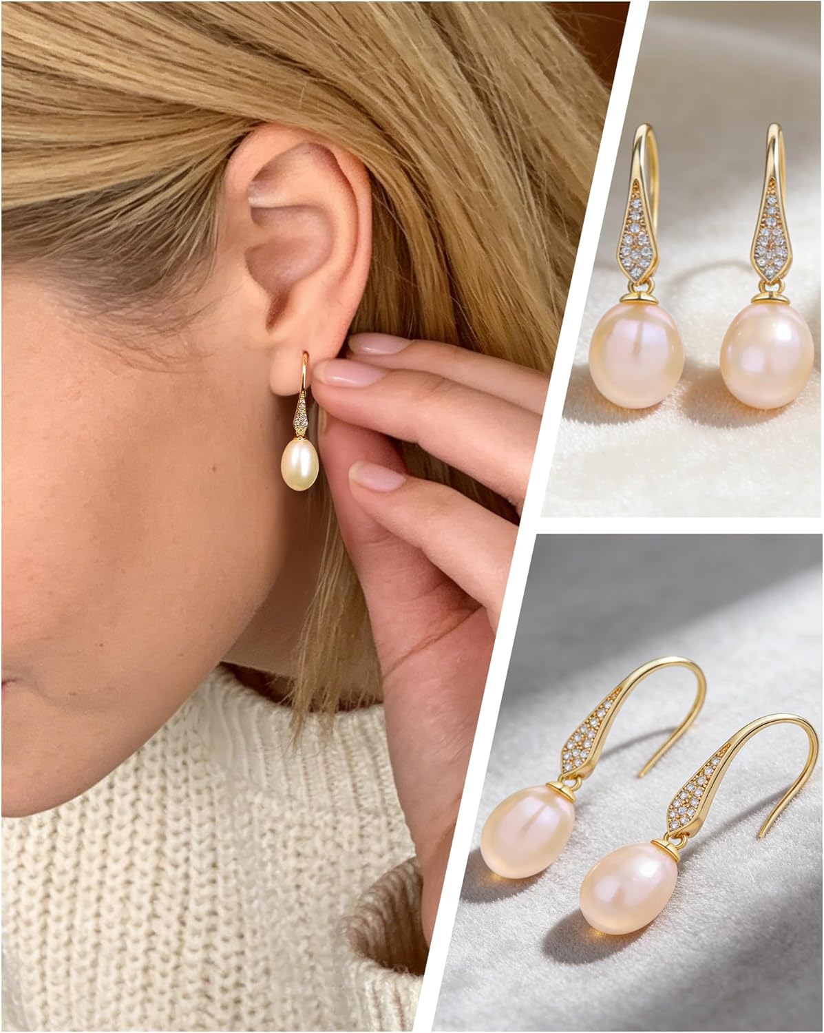 Pearl Drop Earrings for Women, Gold Plated & 925 Sterling Silver, Pink & White Dangle Earrings, Dainty Cute Elegant Bridal Wedding Gift for Her
