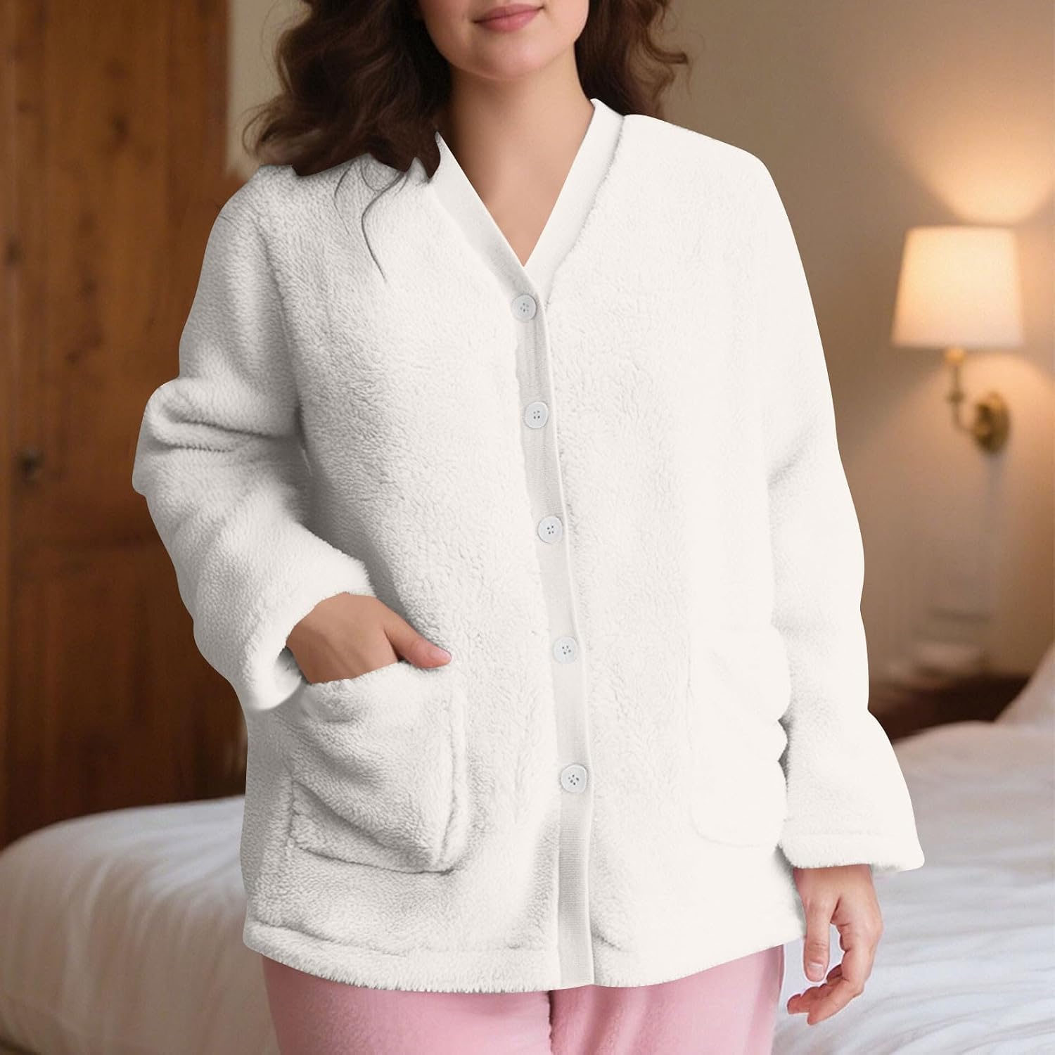 Oplxuo Plush Bed Jackets for Elderly Women Fuzzy Fleece Pajama Tops Button Up Sleepwear Long Sleeve Winter Coats with Pockets