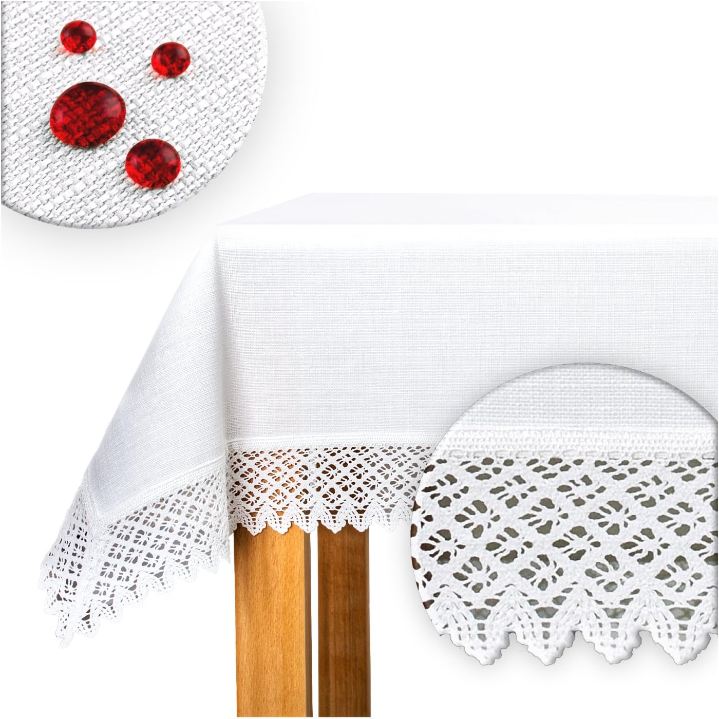 Tischdecke mit Spitze 100x100 cm Mitteldecke Weiß in Leinenoptik mit 7cm Baumwollspitze - Baumwolle Polyester 230g/m² Schwere Qualität, Fleckschutz mit Lotuseffekt