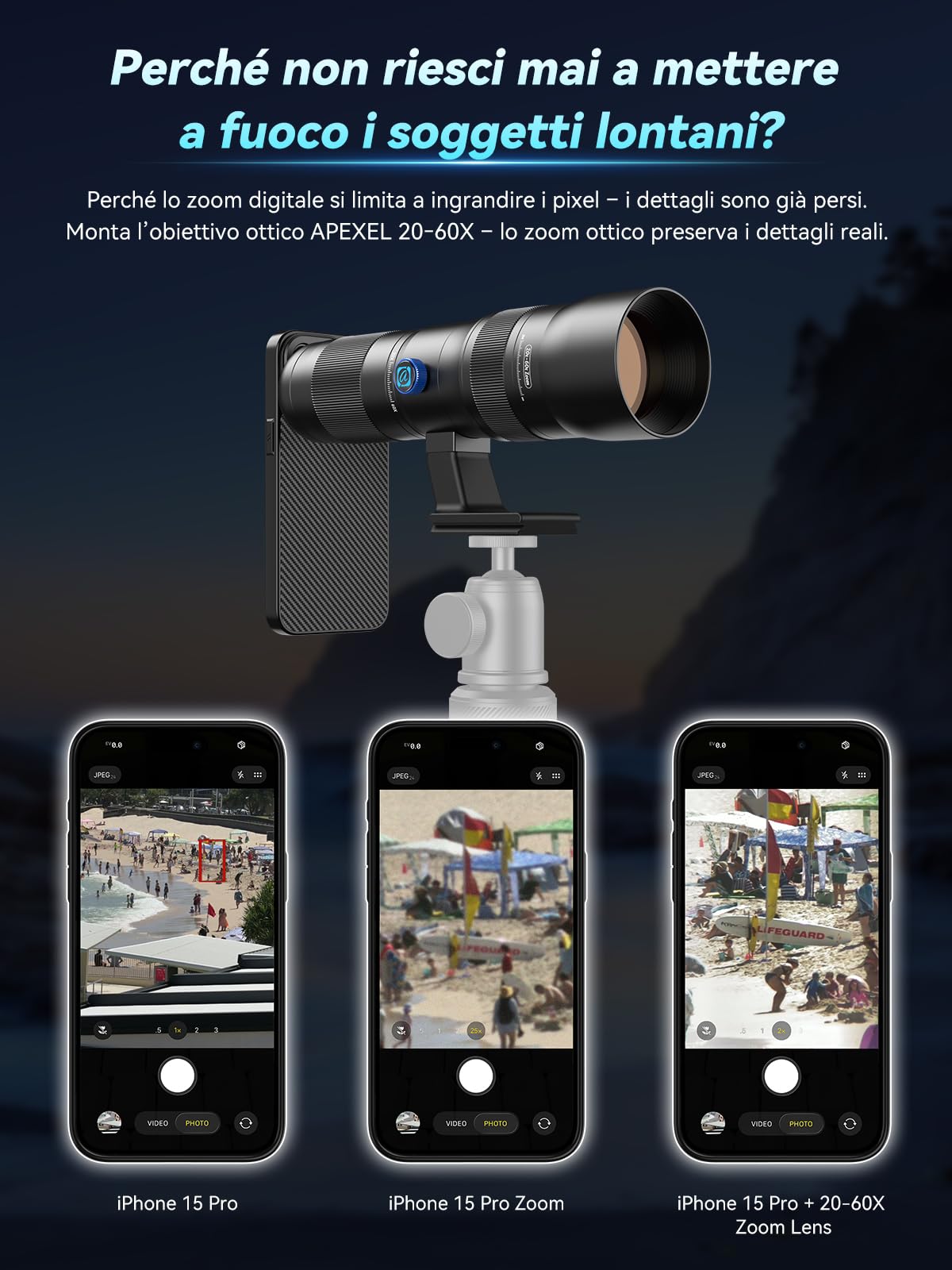 APEXEL Obiettivo zoom 20-60X con custodia integrata per iPhone 15 Pro - Teleobiettivo zoom professionale