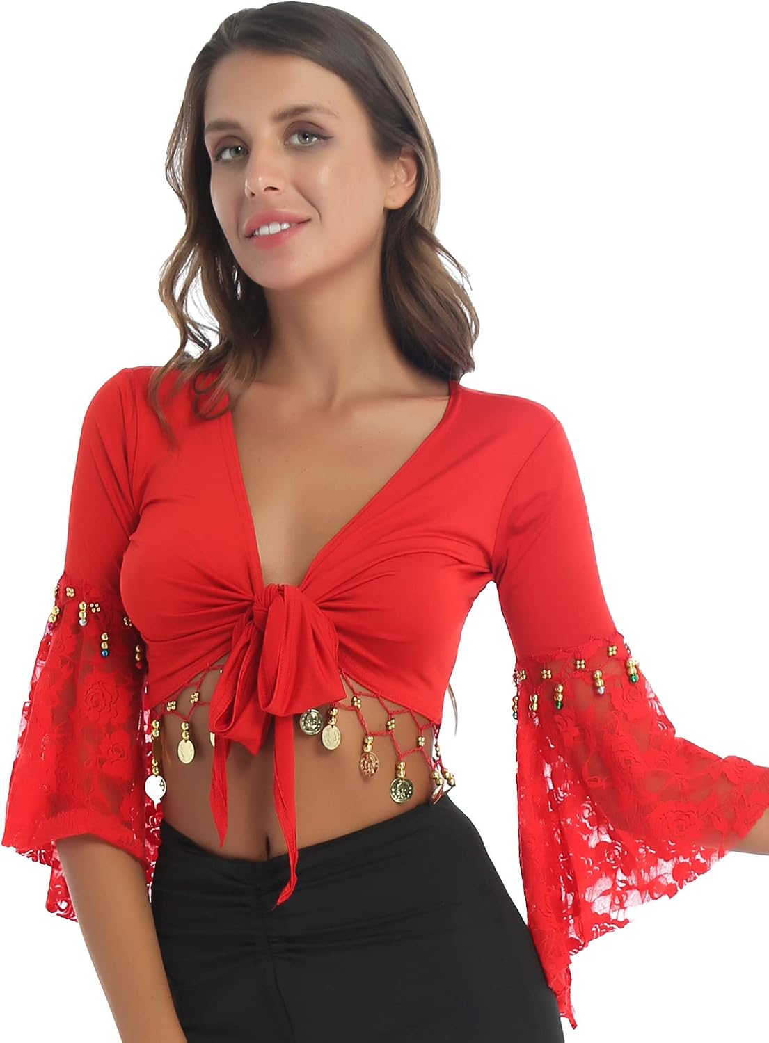 Agoky Womens Fringe Belly Dance Crop Tops 3/4 Flared Sleeve Lace-Up Shawl Cardigan Dancewear