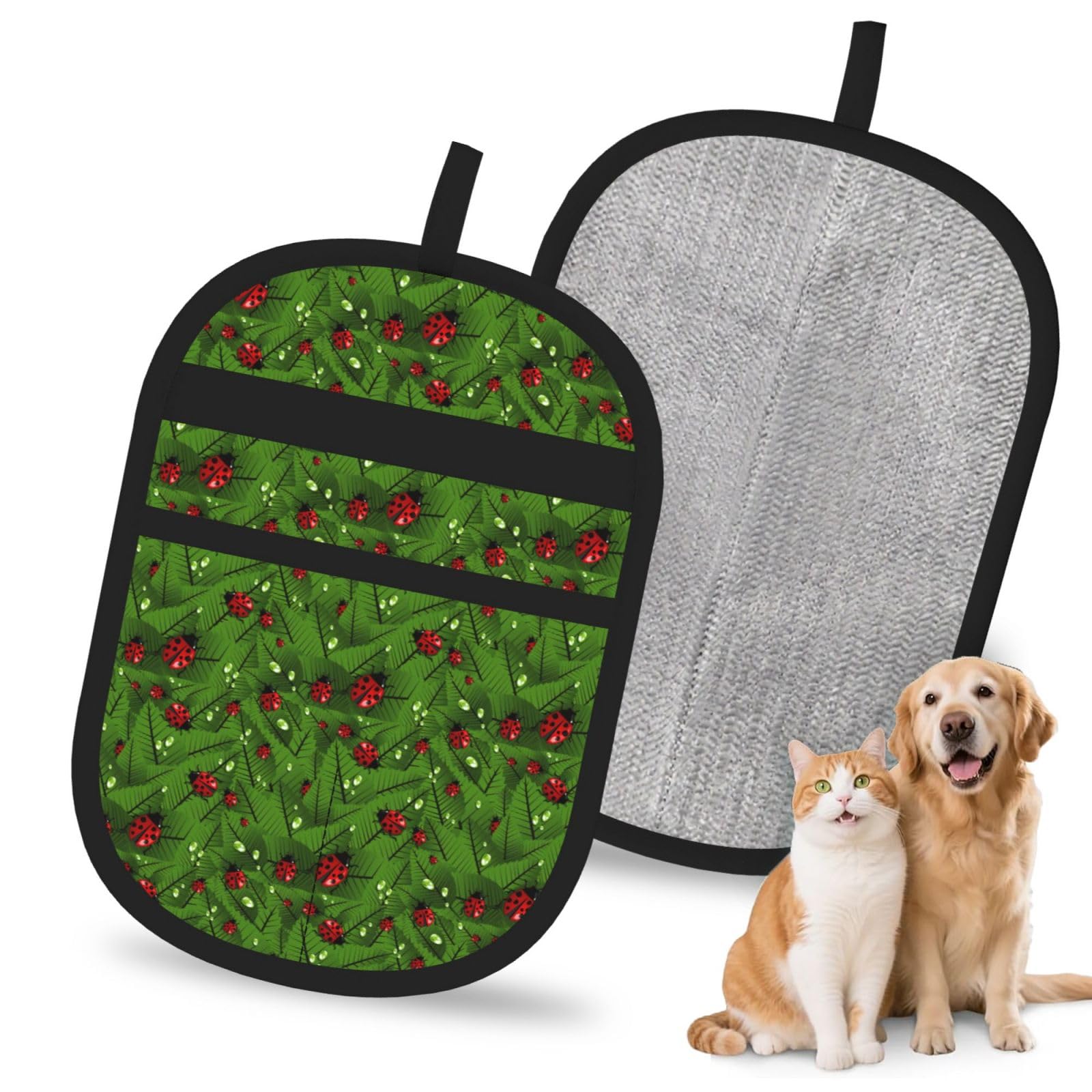 Leaves And Ladybugs Print Pet Hair Remover Gloves Grooming Cleaning Accessory Reusable Deshedding Tool