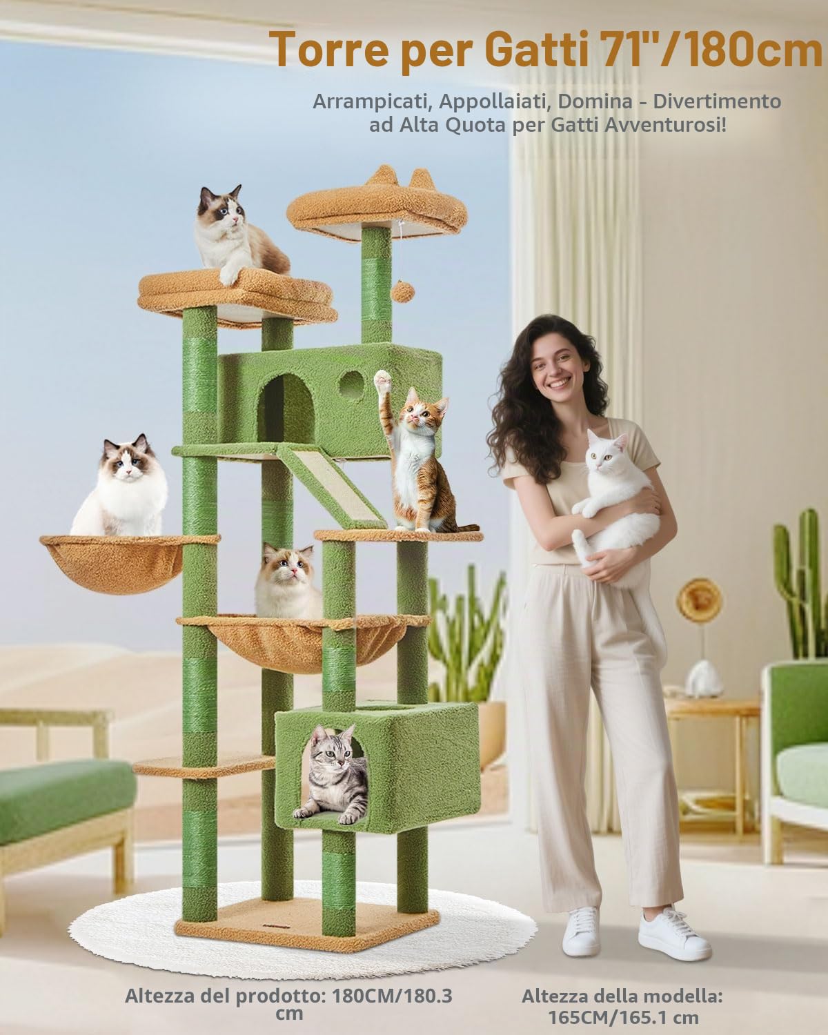 Taoqimiao Tiragraffi per Gatti, 180cm Stabile Tiragraffi per Gatti Adulti xxl con 2 Grotte,1 Amaca, 1 Cestini, 8 Pali Graffiatoi, 2 piattaforme, Materiale di Flanella Morbida, Verde MSC026L