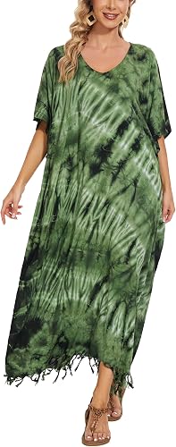Beautybatik Green Women Hippie Tie Dye Caftan Kaftan Loungewear Maxi Plus Size L