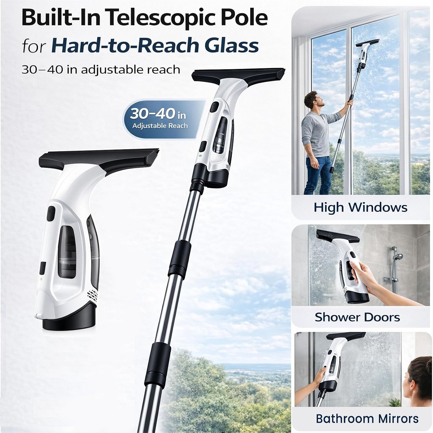 Window Vacuum Squeegee Cordless, Electric Window Cleaner Tool with 2000Pa Suction, 2200mAh Rechargeable Battery, 150mL Detachable Tank, 11-Inch Blade for Windows, Shower Doors, Mirrors, Tiles