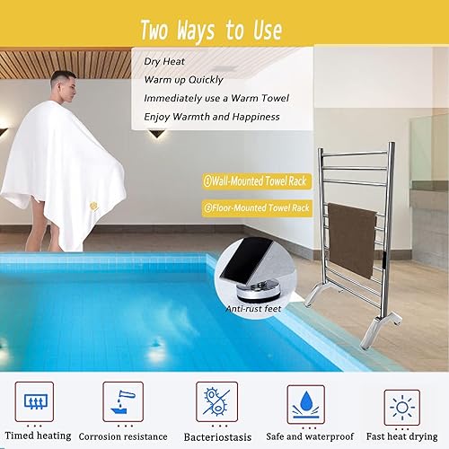 Miniatura 8 de Calentador de toallas eléctrico dorado, toallero calentado de pie y montado en la pared para baño, radiador de acero inoxidable 304, calentador de