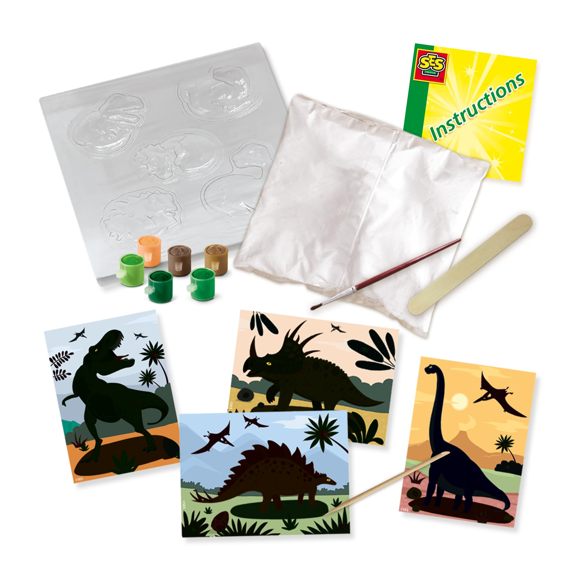 SES Creative 01408 Dinosaurs 2 in 1-Casting and Painting and Scratch, Yellow