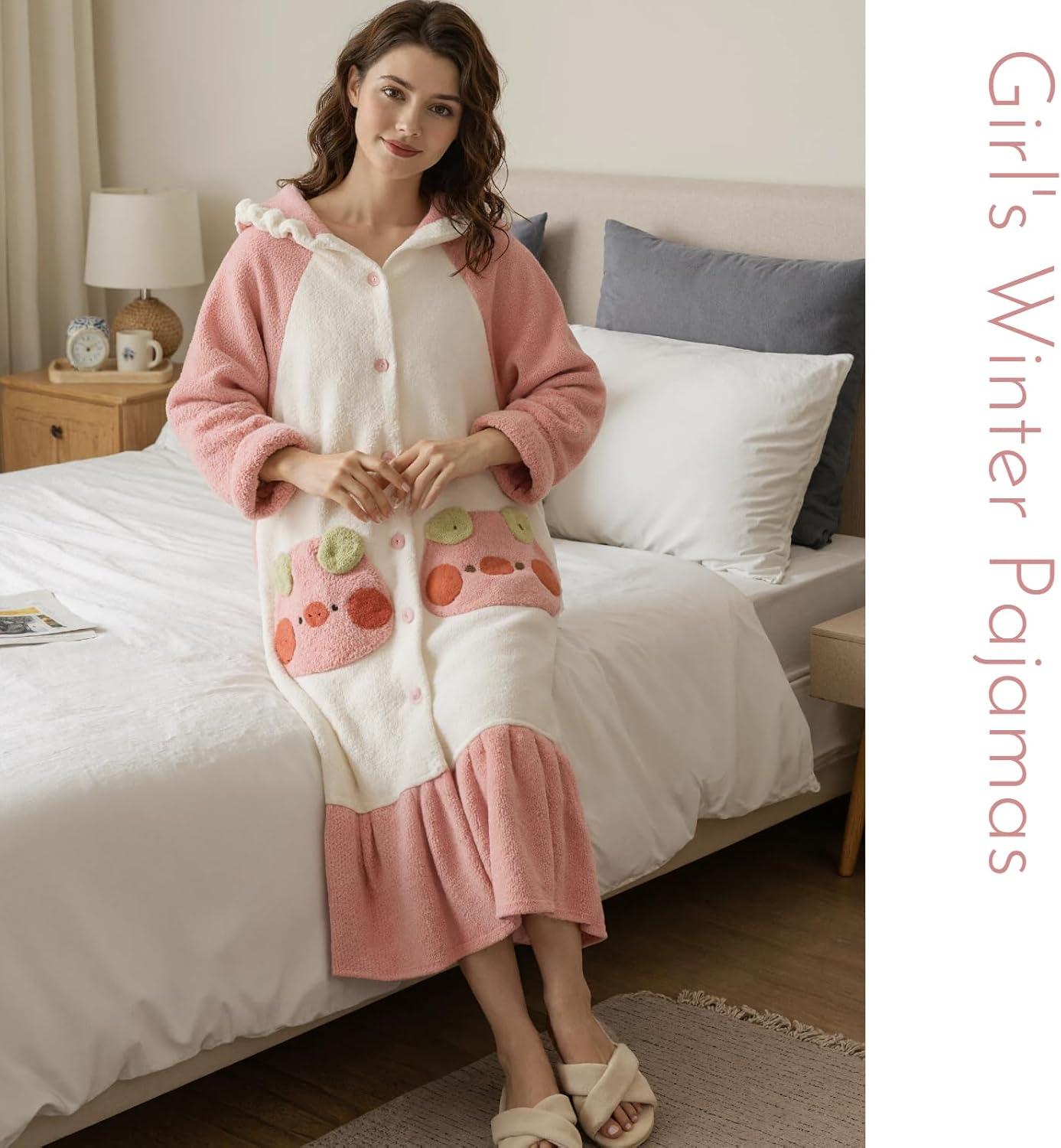Pink Fuzzy Winter Bathrobe for Women Animal Soft Plush Hooded Robe Warm Cozy Fleece Loungewear for Home Dorm Wear