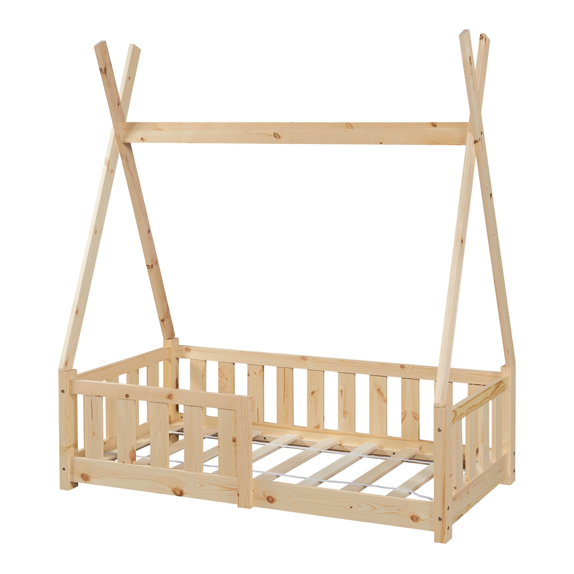 [en.casa] Cama para Niños Helsingborg Pequeños Estructura Tipi Indio Cama Montessori con Somier Cama Infantil con reja de Seguridad Carga máx. 80 kg Madera Pino 70 x 140 cm - Natural