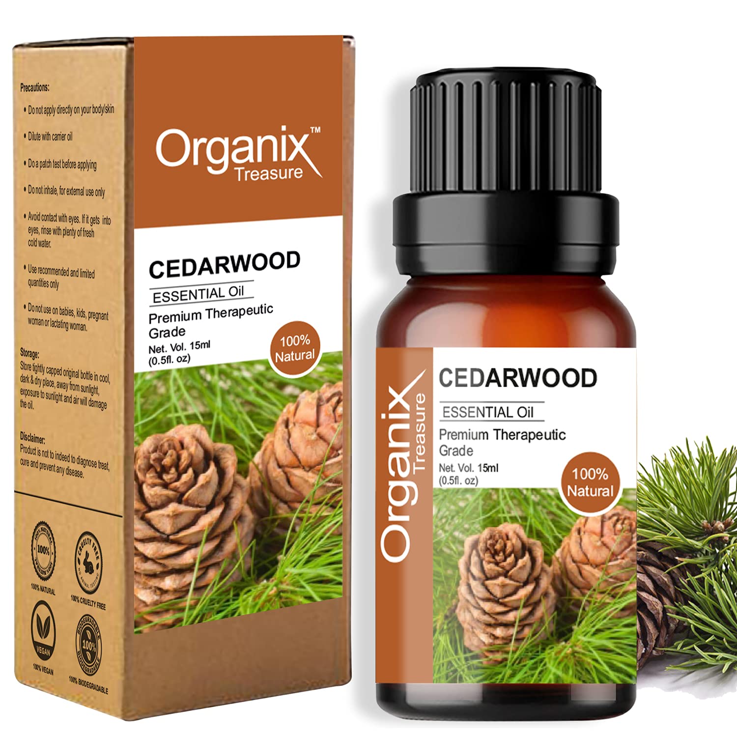 Organix TreasureCedarwood Essential Pure, Natural and Undiluted for Skin, Hair and Aromatherapy, 15ML