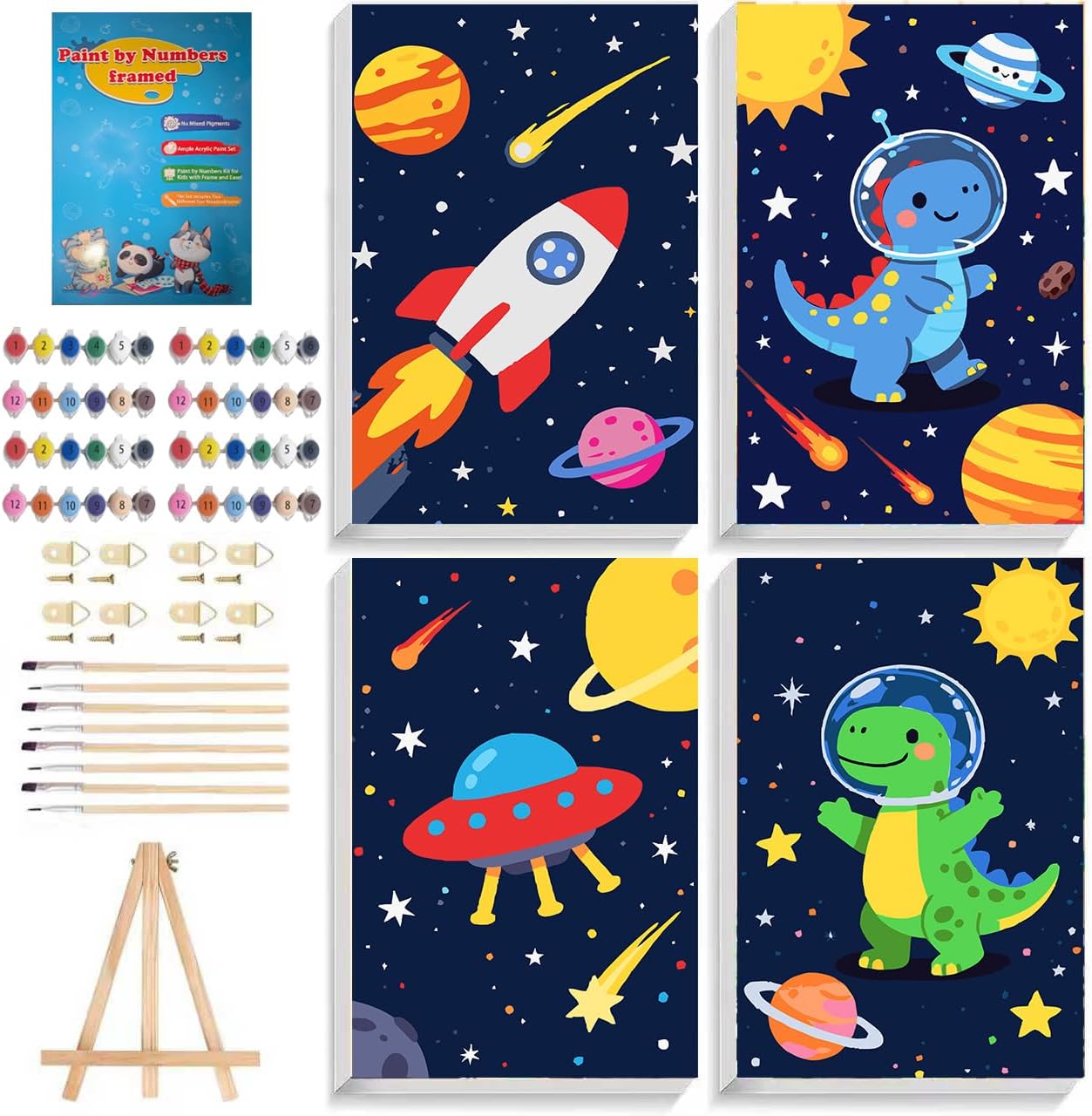 ICYANART 4 Pack Paint by Numbers Kit for Kids with Frame and Easel, Space Kids Paint by Number Age 8-10-12 Boys Girls, Dinosaur Painting by Numbers for Kid for Gifts and Decor 7.87x11.81in