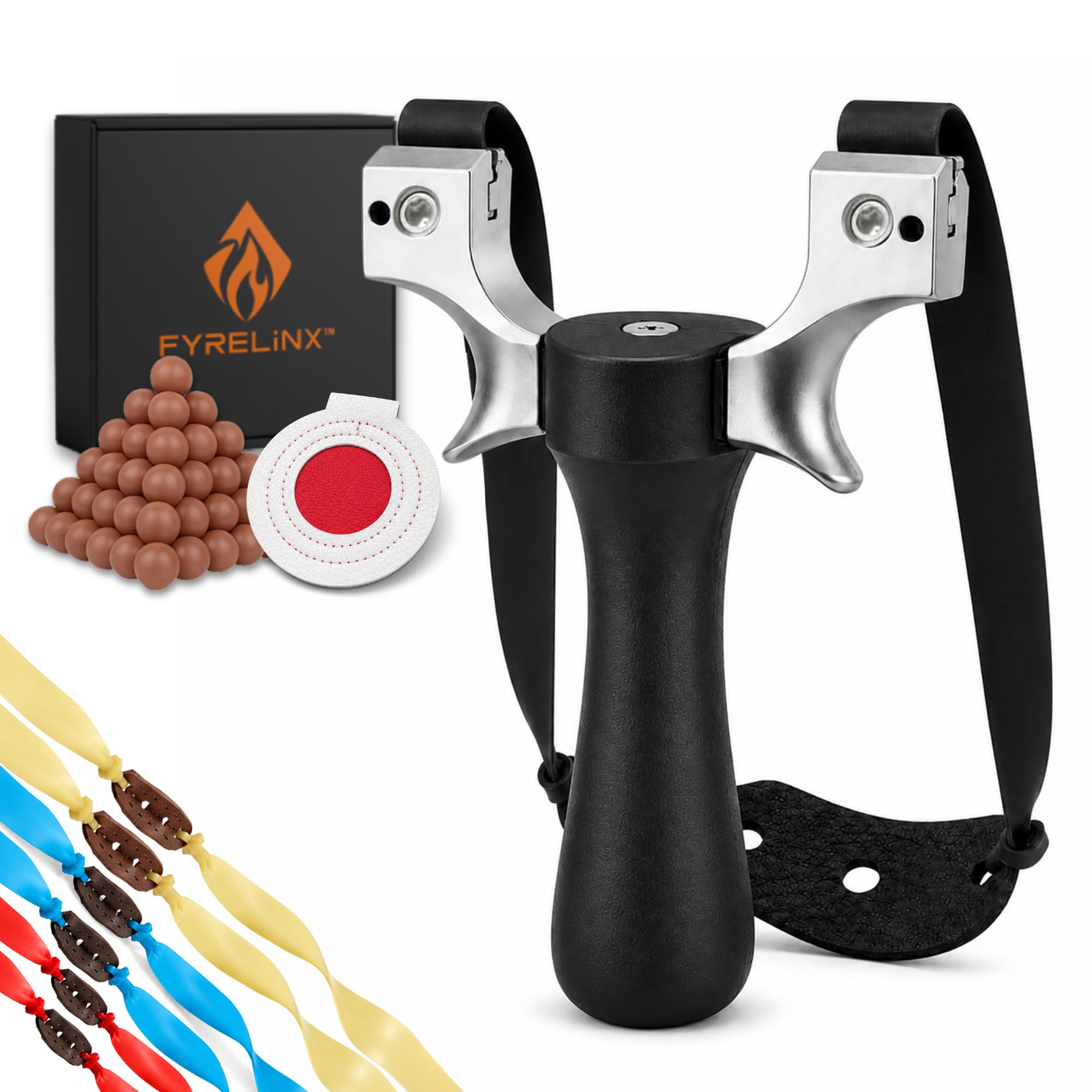Tirachinas Clásico con Diana de Cuero – Set con 300 g de Bolas de Arcilla Biodegradables 6 Gomas Planas Intercambiables 0,8/1,0/1,2 mm – Tiro al Blanco al Aire Libre | Pack Regalo