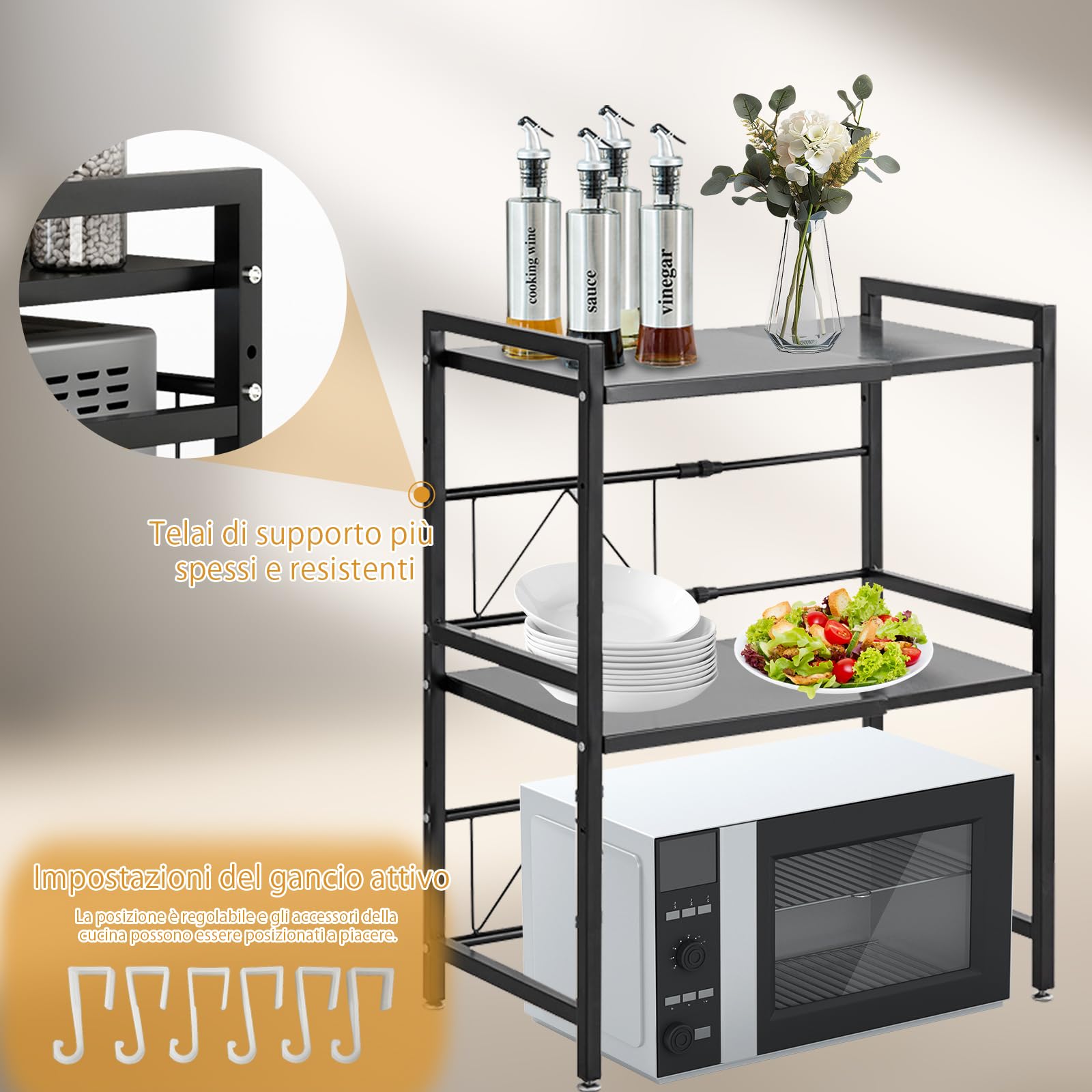 Scaffale per microonde a 2 strati, per tostapane, per cucina, larghezza telescopica 40-63 cm (ottimale entro 60 cm) con gancio mobile, portata 75 kg (nero)