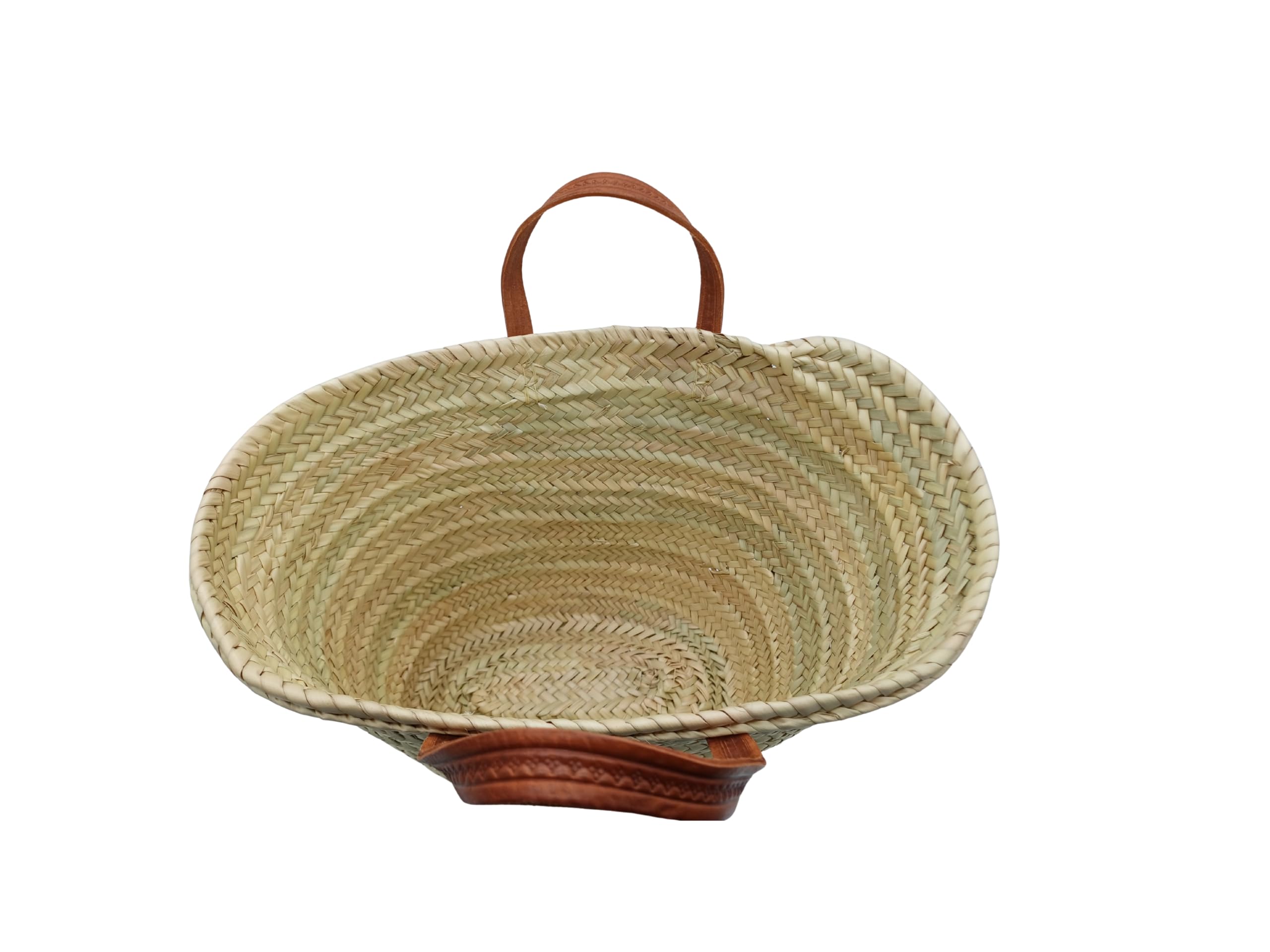 Capazo de Palma Natural con Asas de Cuero, 50x30x20cm, Beige y Marrón, Hecho a Mano en Marruecos