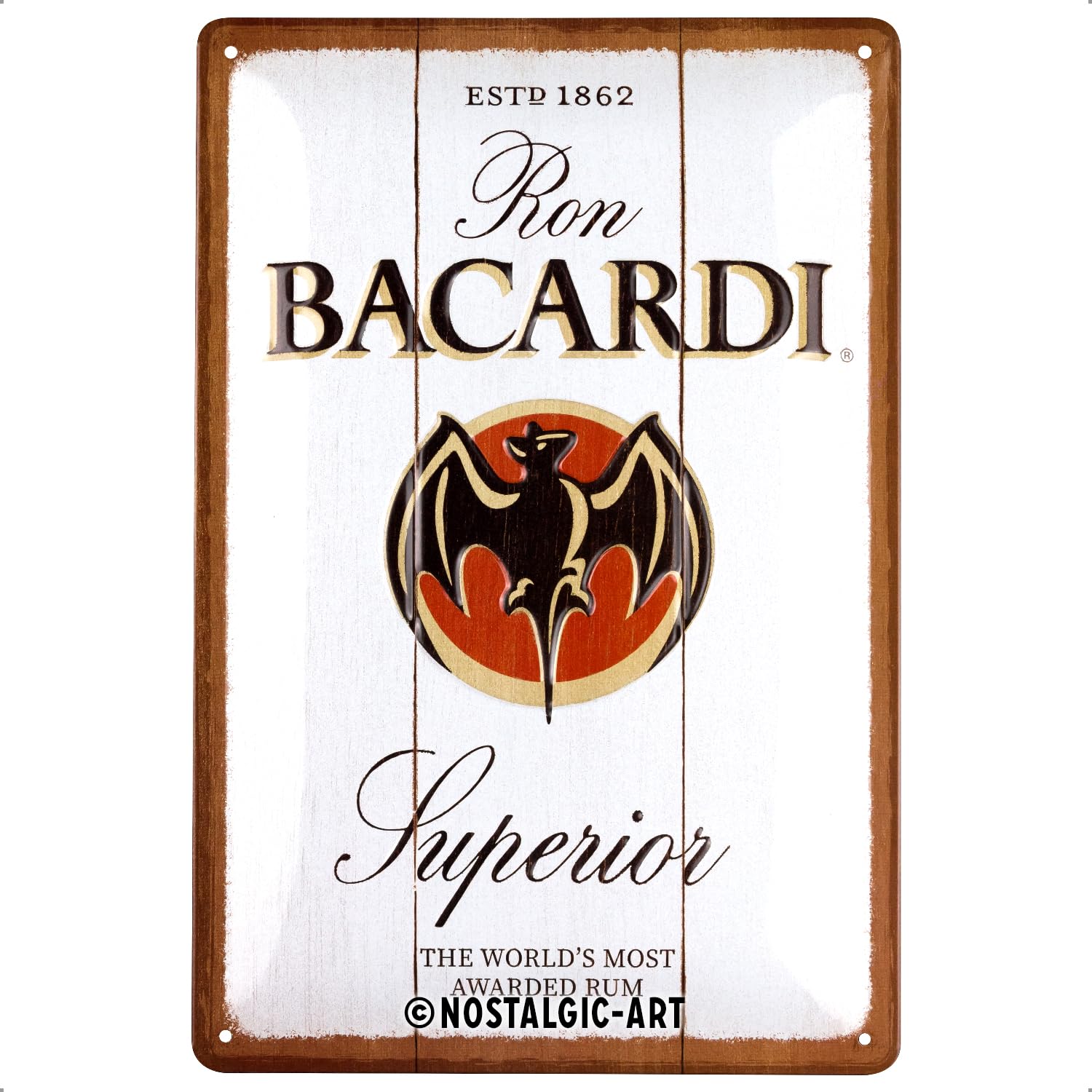Nostalgic-Art Retro Tin Sign, 7.9" x 11.8", Bacardi – Superior White Wood – Gift idea for rum fans, Metal Plaque, Vintage design for wall decoration