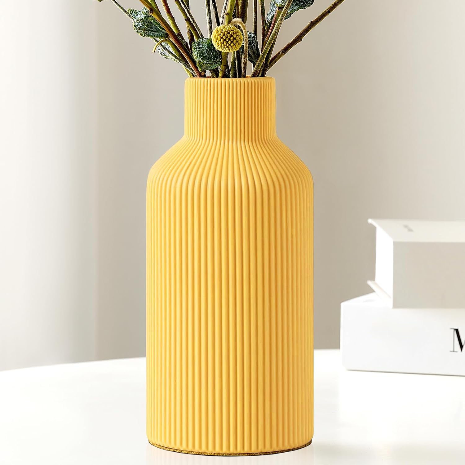 Mfacoy Ceramic Flower Vase, Minimalist Decor, Modern Home Decorative Vase, Small Pampas Grass Vases for Kitchen Bedroom Office Living Room Bathroom Shelf Centerpiece Table Decorations (Yellow)