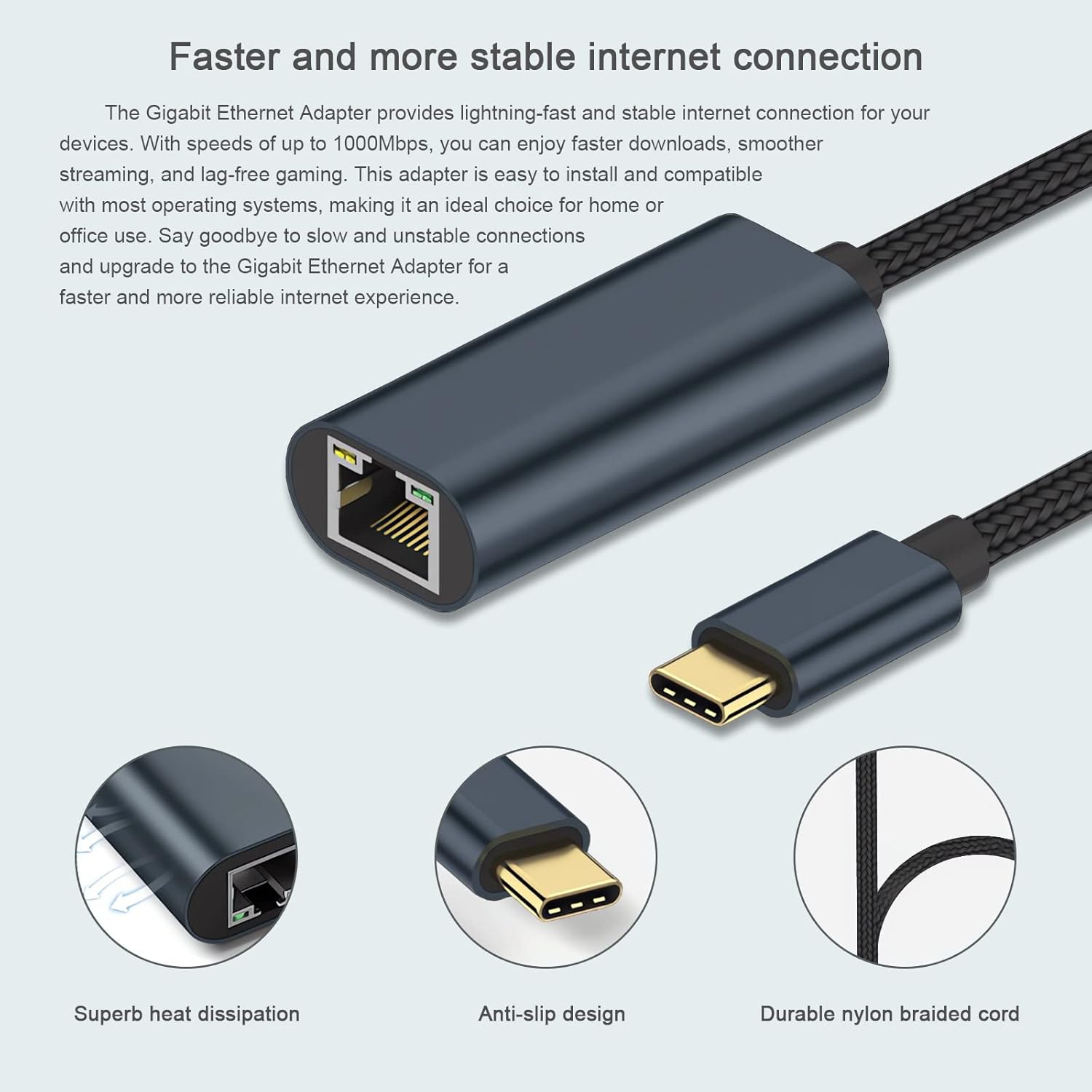 USB C to Ethernet Adapter for Laptop PC Gigabit Ethernet LAN Network Adapter Compatible with Nintendo Switch MacBook Windows macOS Linux, and More[Grey Green] image 5 of 6 B09XR5Y7BZ